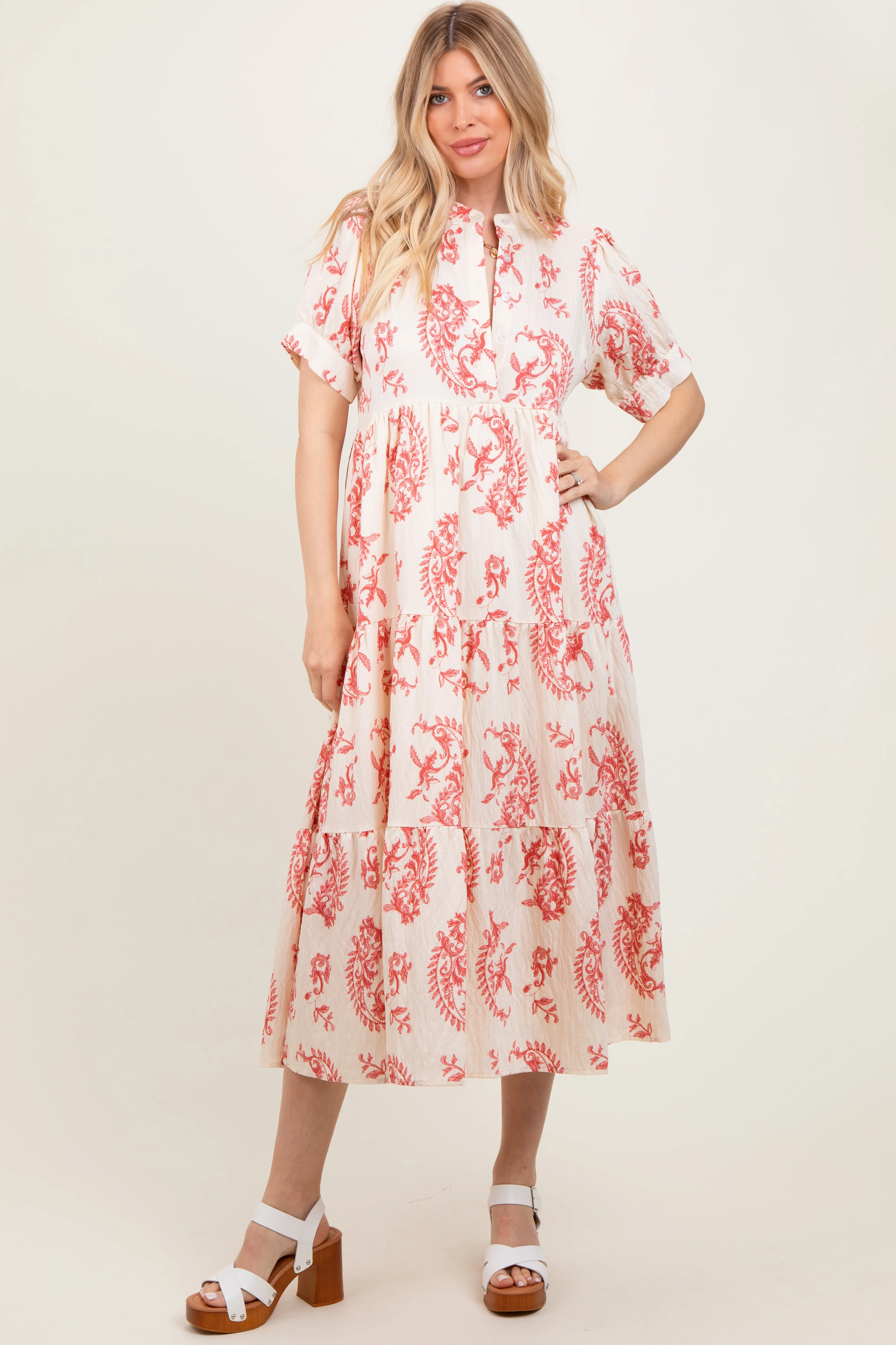 Red Paisley Button Up Tiered Maternity Maxi Dress sold by Pinkblush product image thumbnail 4