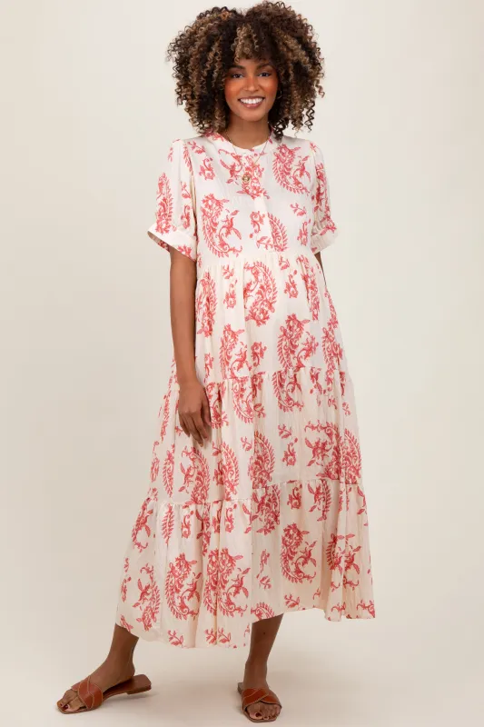Red Paisley Button Up Tiered Maternity Maxi Dress sold by Pinkblush