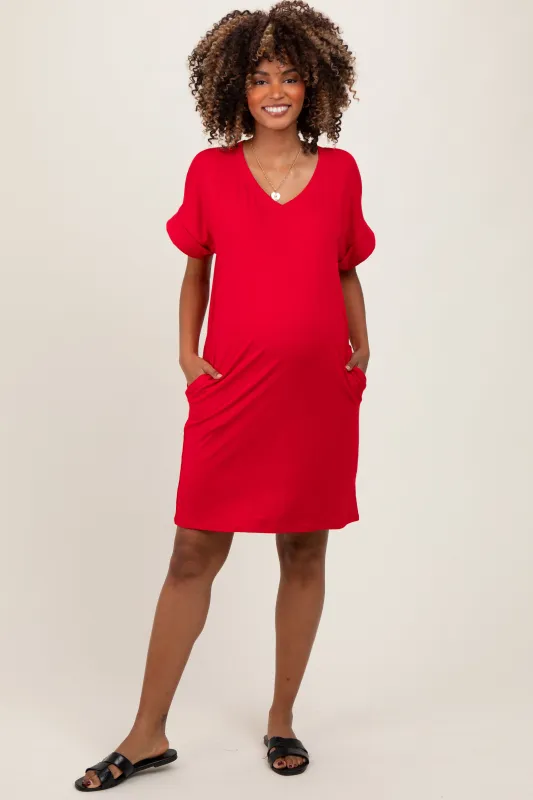 Red Brushed Rolled Short Sleeve V-Neck Maternity Dress sold by Pinkblush