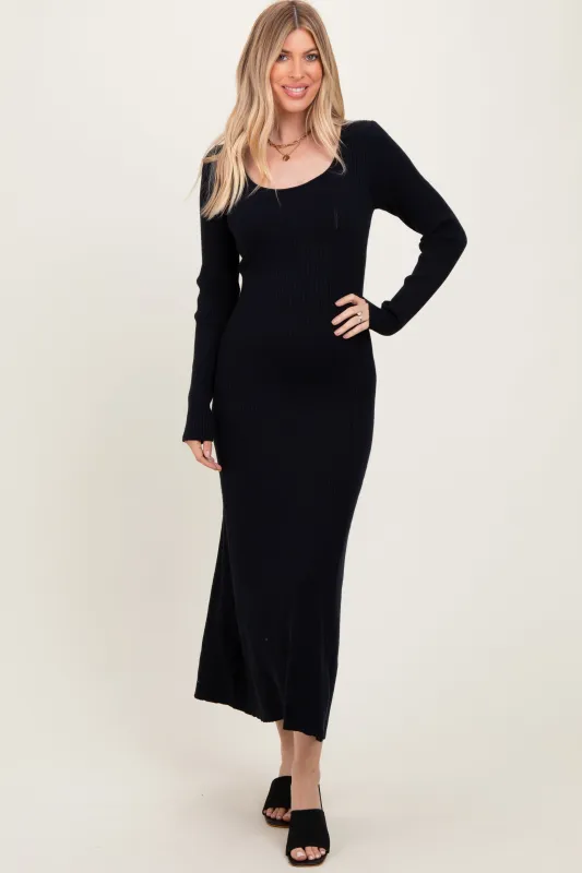 Black Ribbed Knit Maxi Sweater Dress sold by Pinkblush
