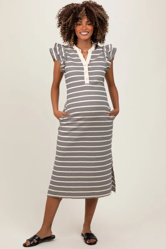 Black Multi-Striped Button Up Ruffle Sleeve Maternity Midi Dress sold by Pinkblush
