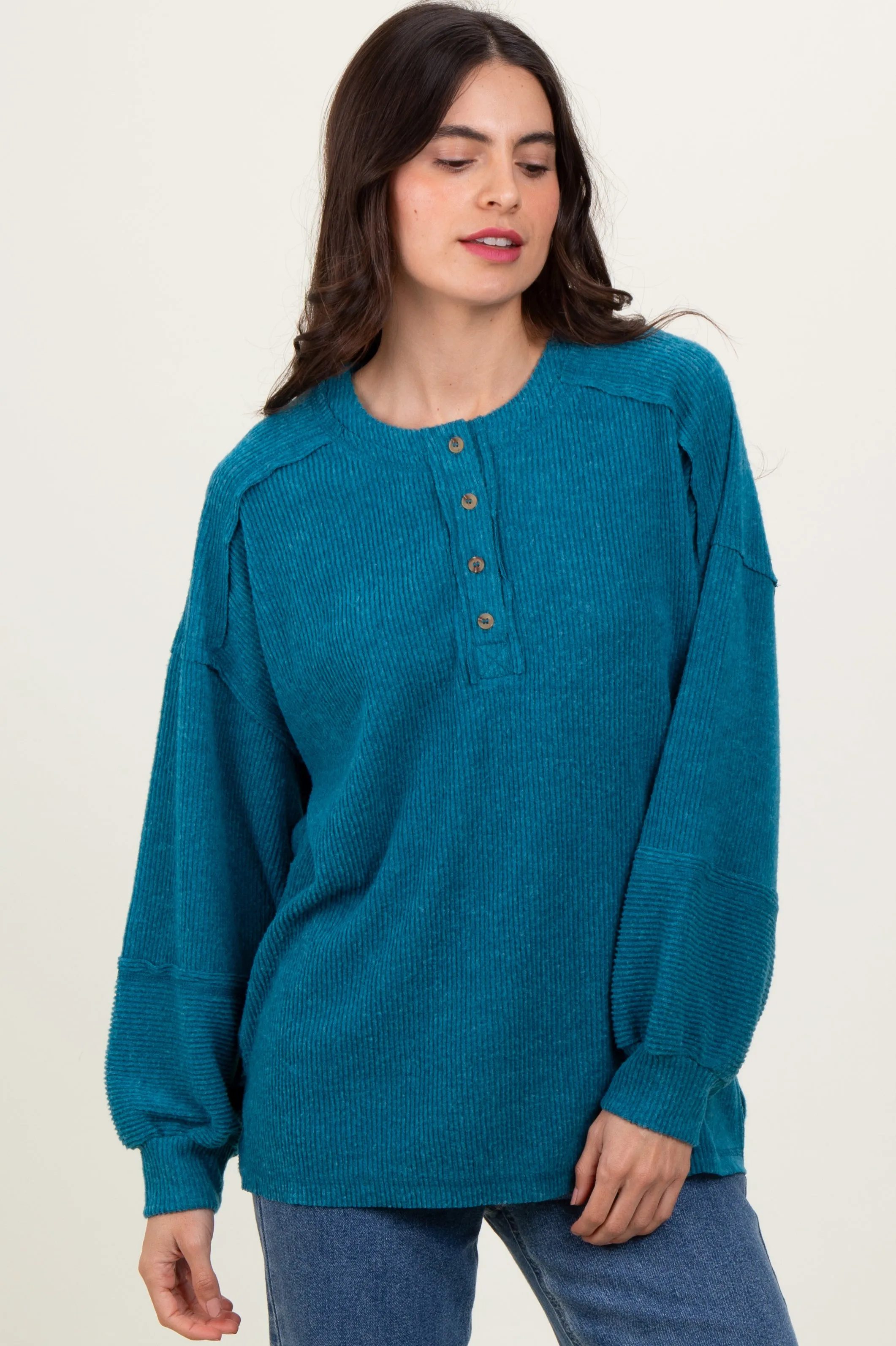Teal Oversized Ribbed Knit Henley Maternity Sweater sold by Pinkblush product image thumbnail 4