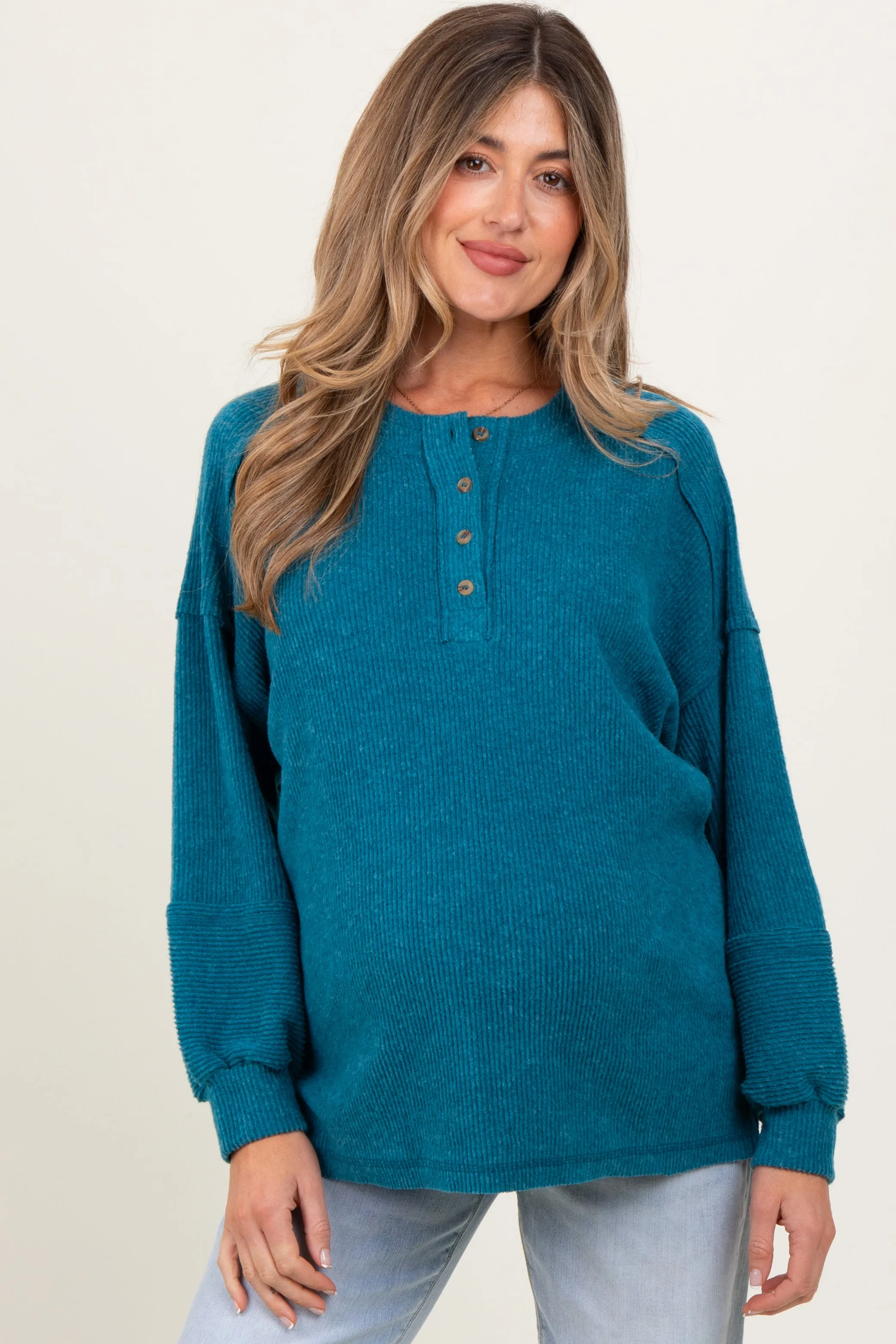 Teal Oversized Ribbed Knit Henley Maternity Sweater sold by Pinkblush