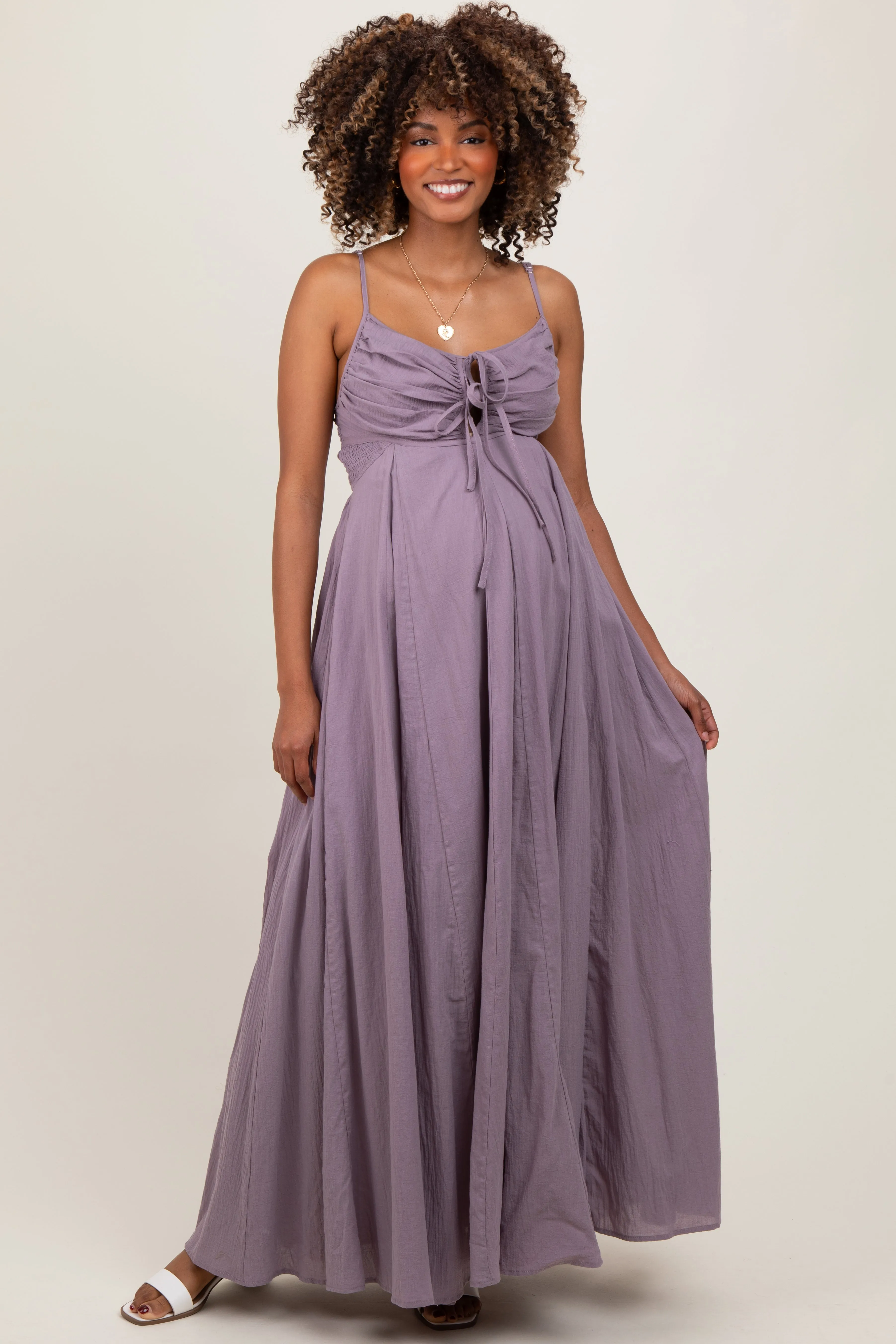 Purple Gathered Tie Front Maternity Maxi Dress sold by Pinkblush