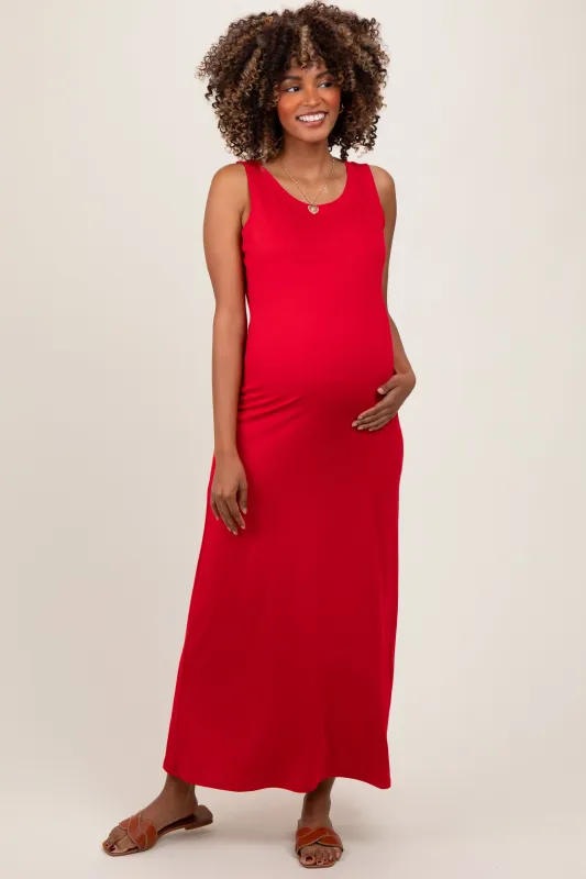 Red Sleeveless Flared Scoop Neck Maternity Maxi Dress sold by Pinkblush