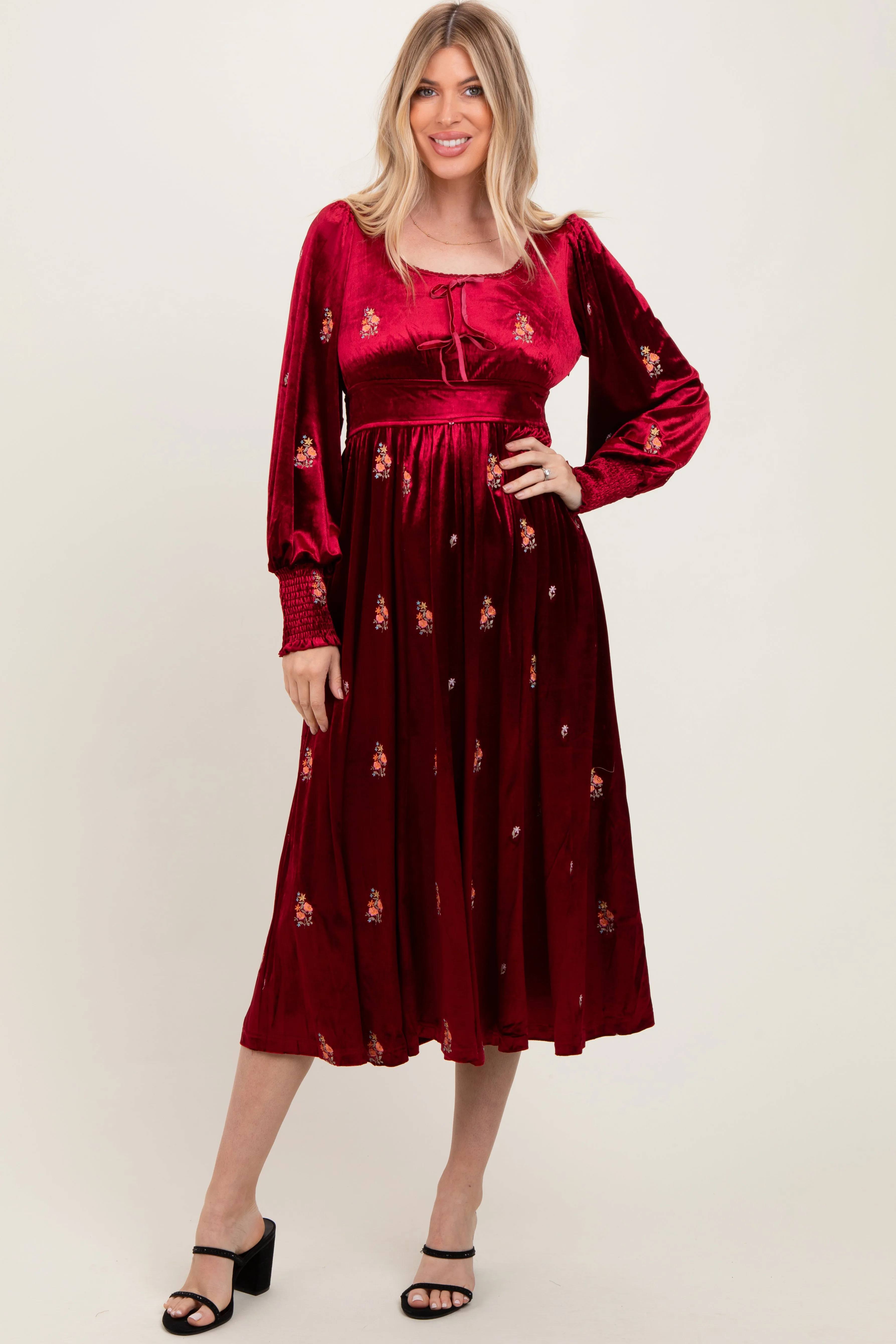 Red Velvet Embroidered Floral Midi Dress sold by Pinkblush