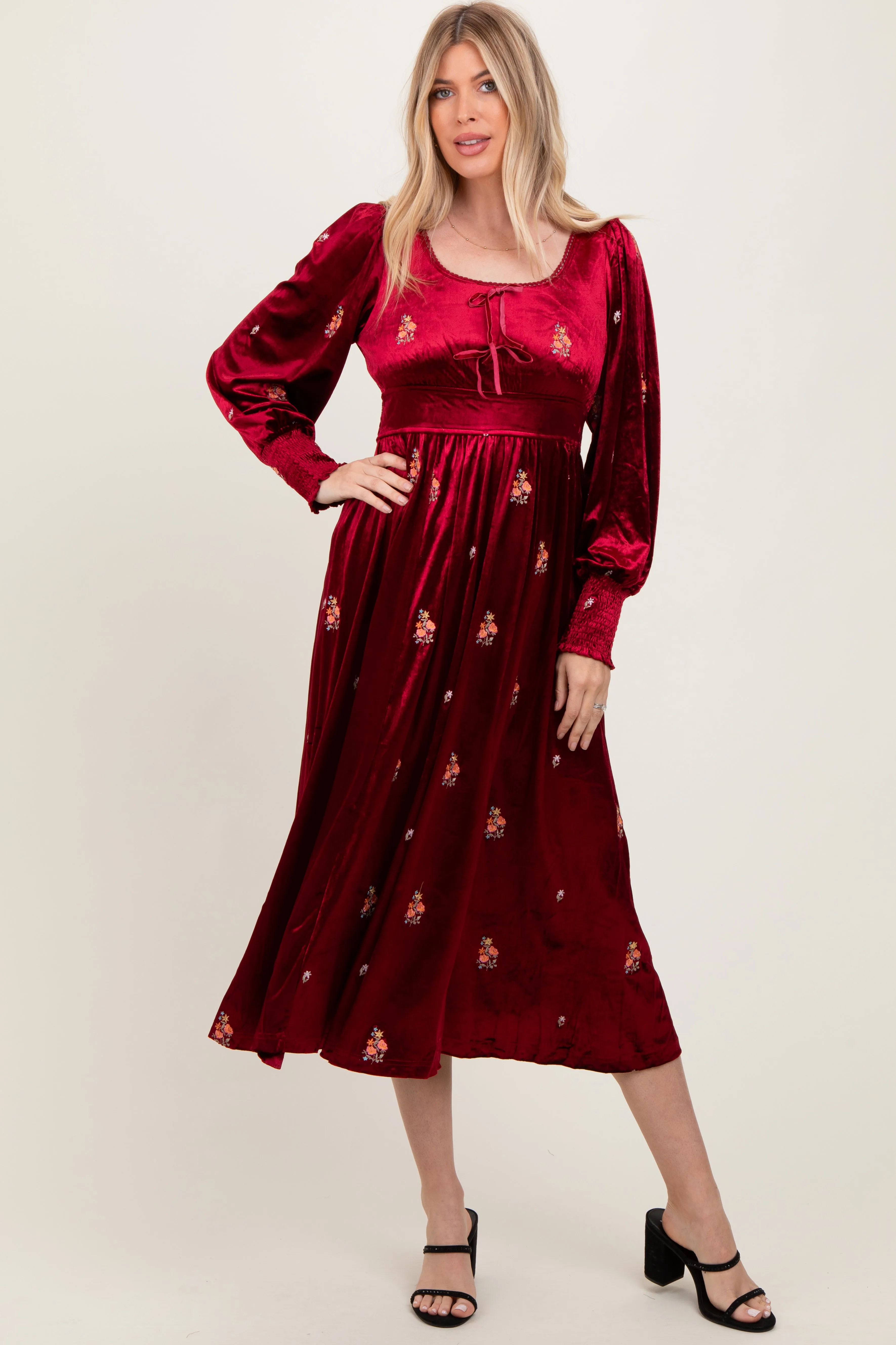 Red Velvet Embroidered Floral Midi Dress sold by Pinkblush product image thumbnail 2