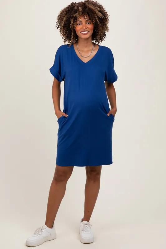 Navy Brushed Rolled Short Sleeve V-Neck Maternity Dress sold by Pinkblush