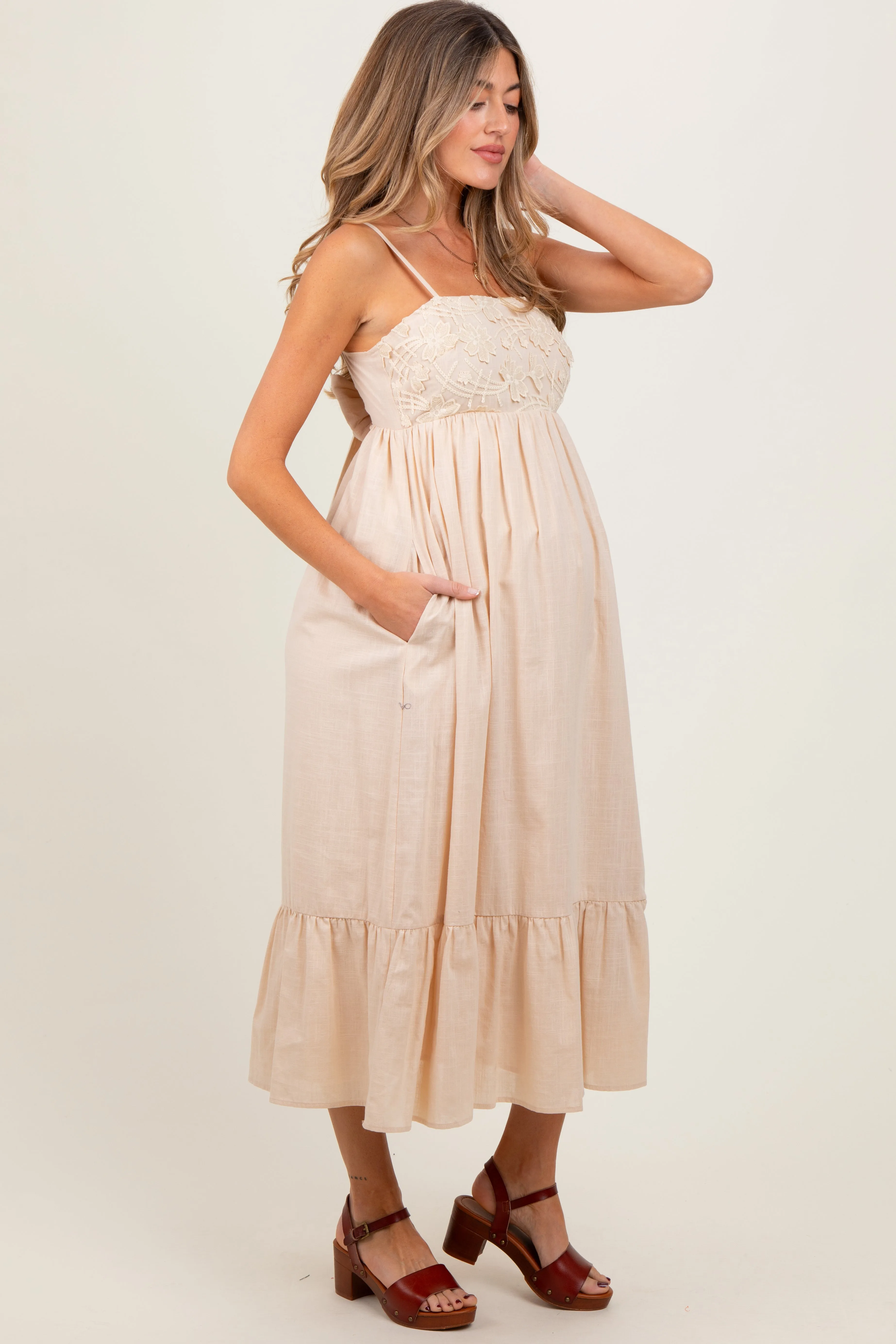 Beige Floral Embroidery Back Ribbon Maternity Midi Dress sold by Pinkblush product image thumbnail 3