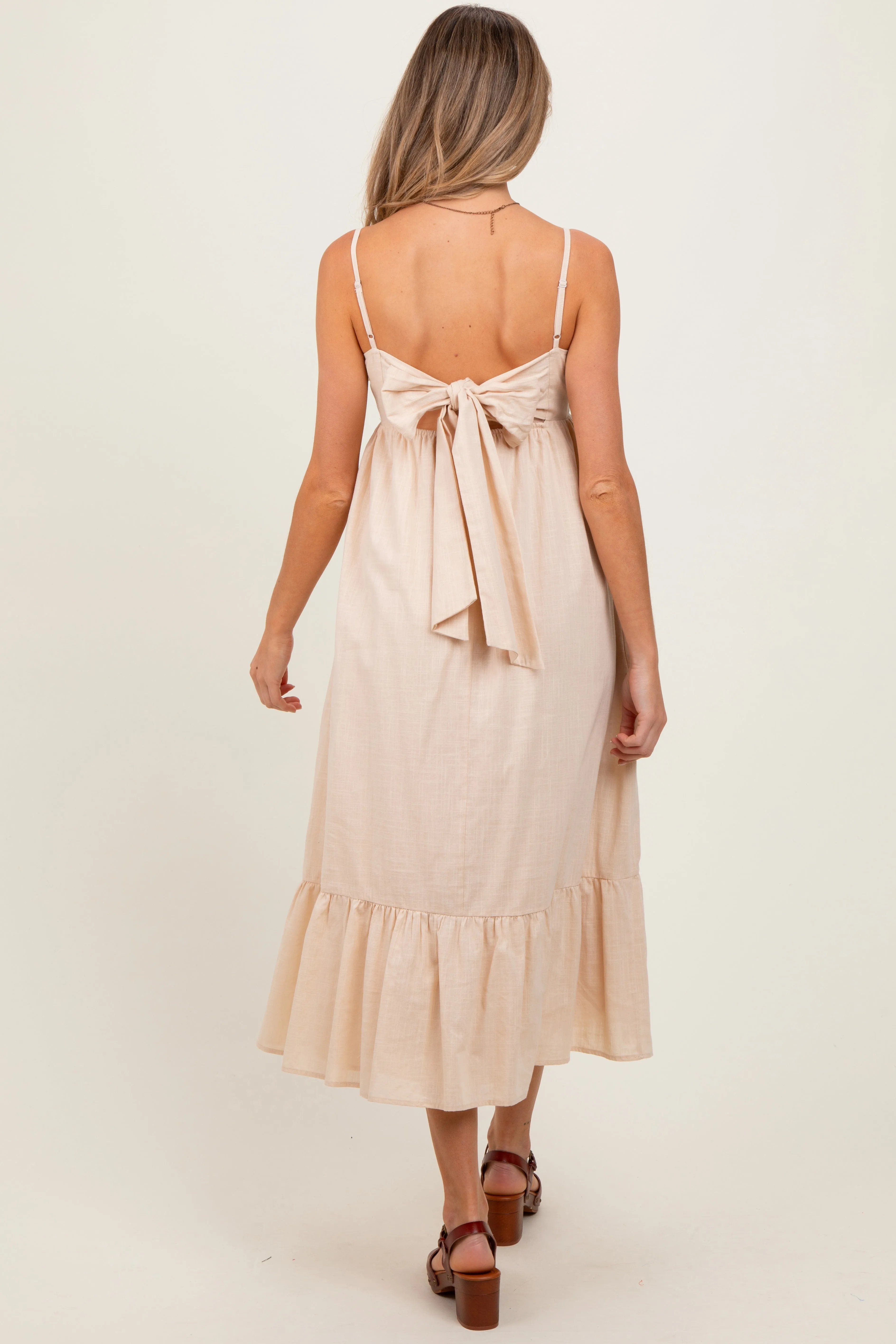 Beige Floral Embroidery Back Ribbon Maternity Midi Dress sold by Pinkblush product image thumbnail 4