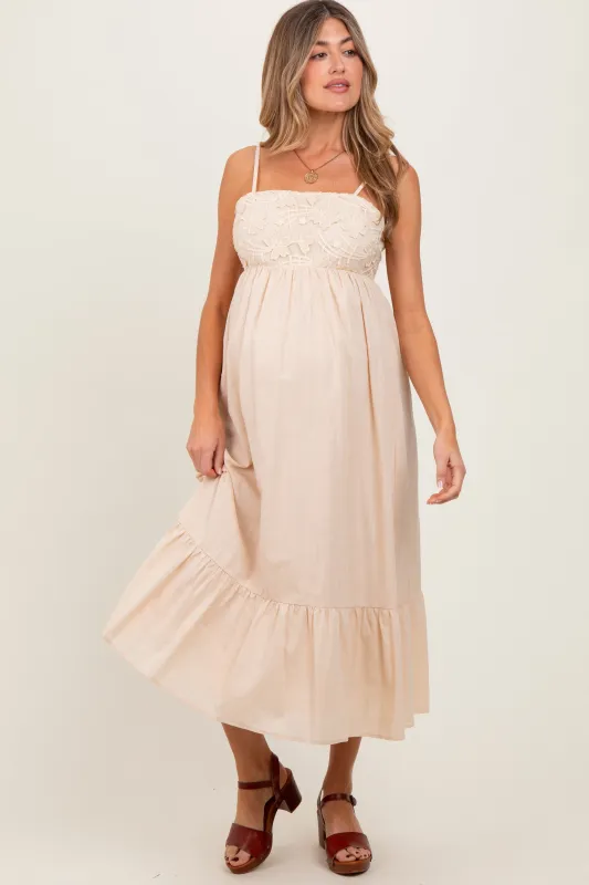 Beige Floral Embroidery Back Ribbon Maternity Midi Dress sold by Pinkblush