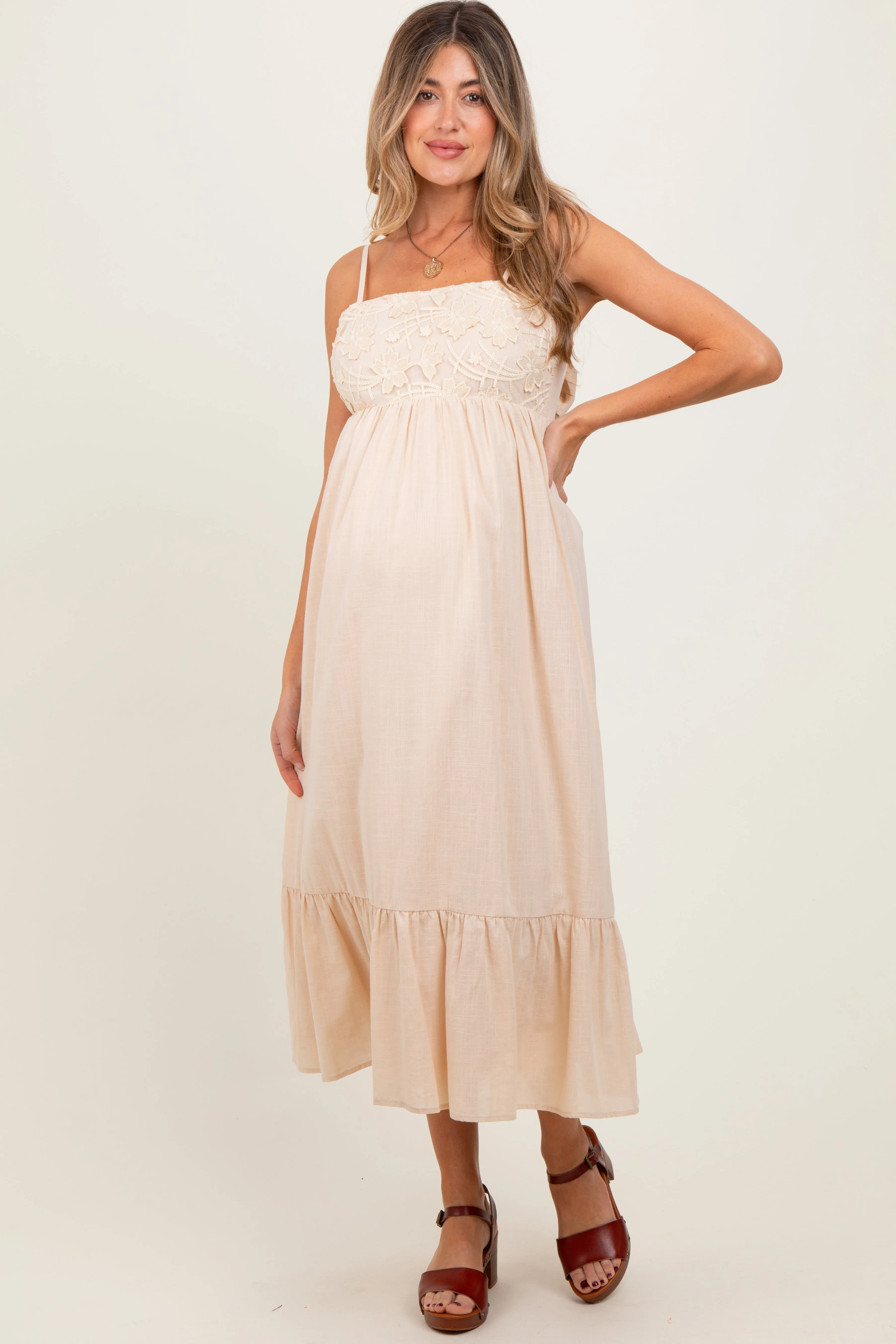 Beige Floral Embroidery Back Ribbon Maternity Midi Dress sold by Pinkblush product image thumbnail 2