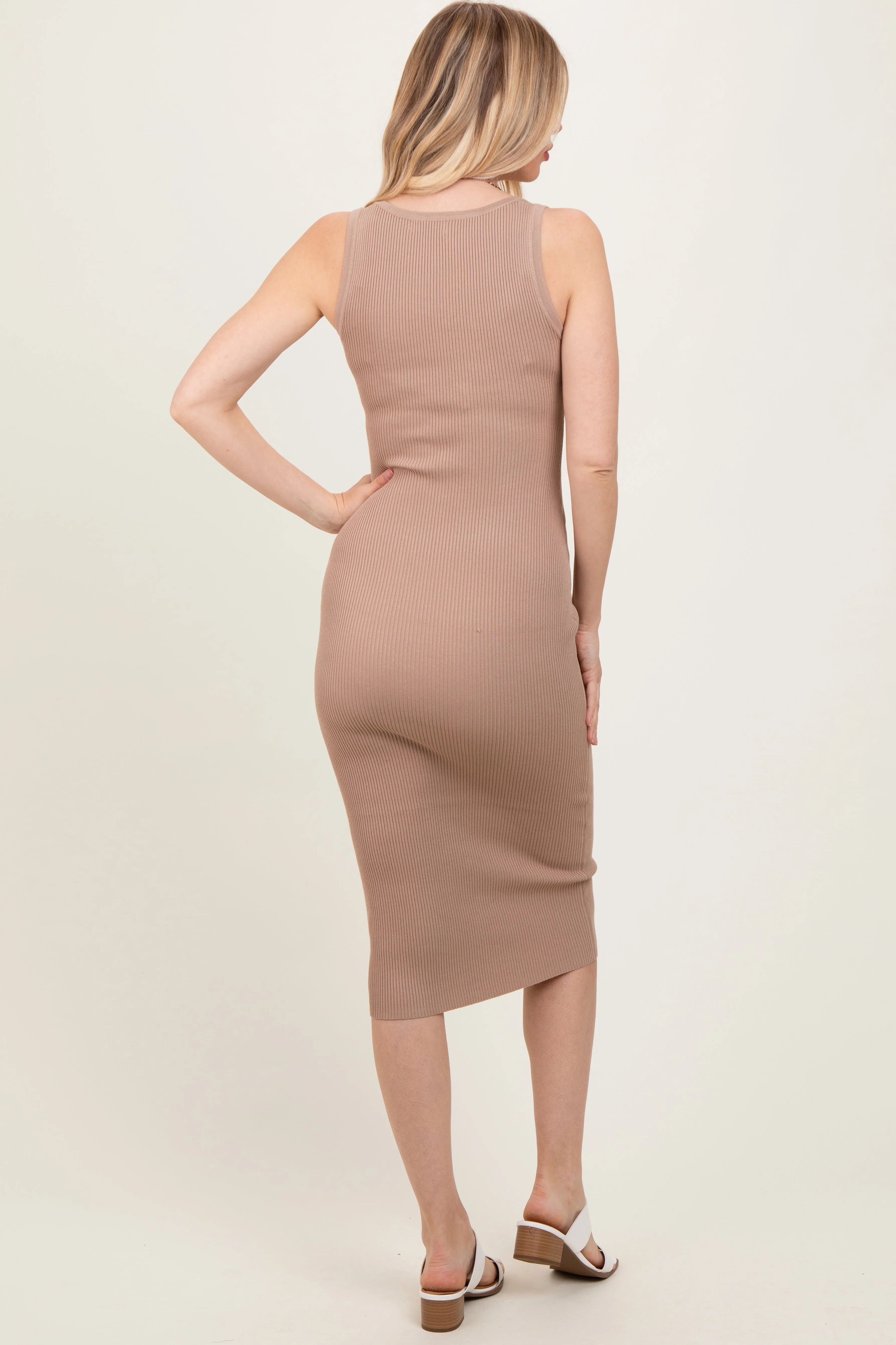 Light Taupe Ribbed Fitted Sleeveless Snap Button Dress sold by Pinkblush product image thumbnail 3