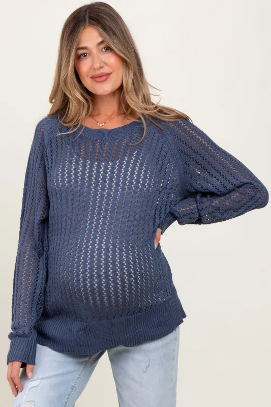 Navy Crochet Knit Relaxed Fit Maternity Sweater Top sold by Pinkblush