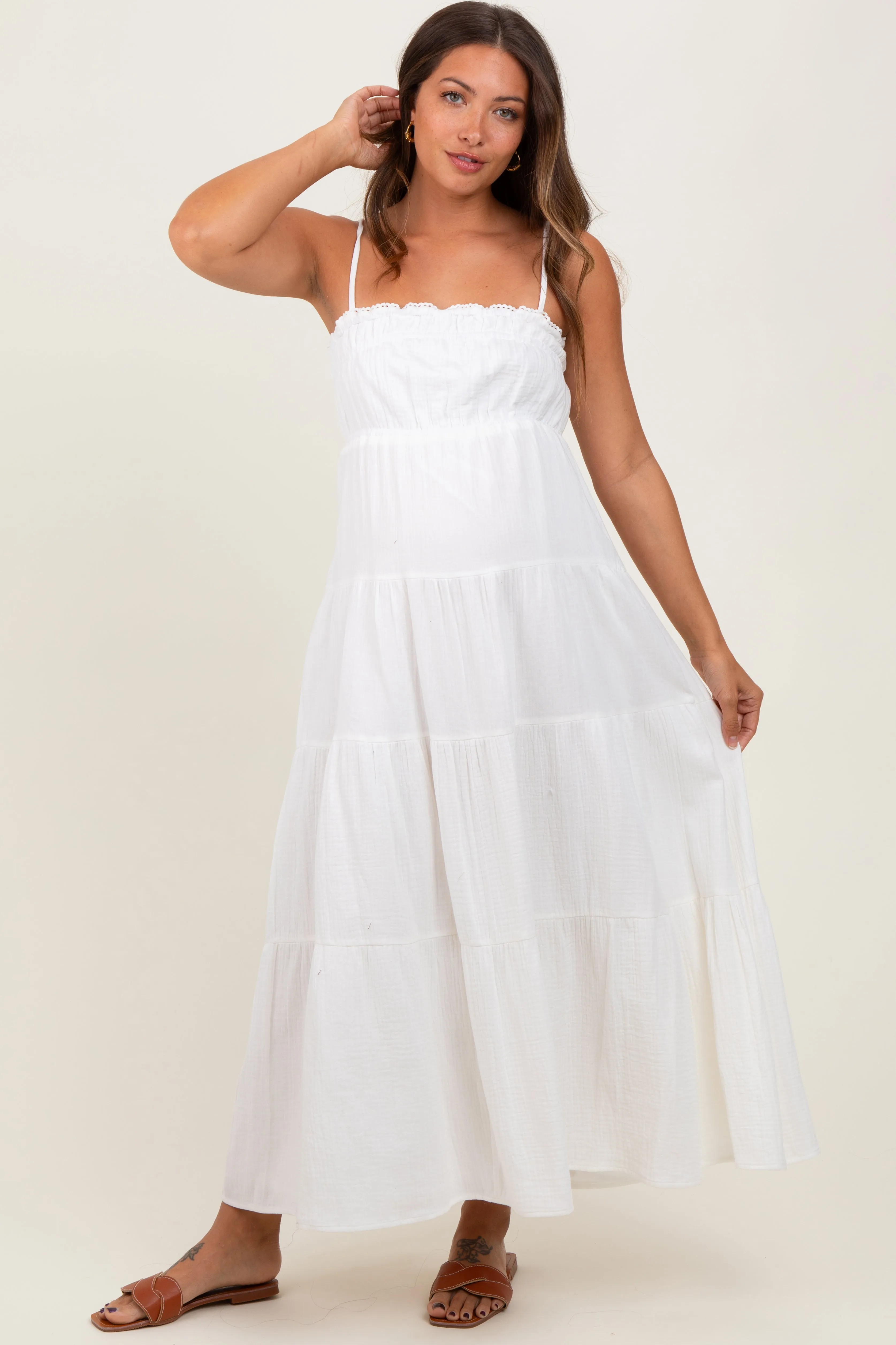 Ivory Crochet Trim Tiered Maternity Maxi Dress sold by Pinkblush