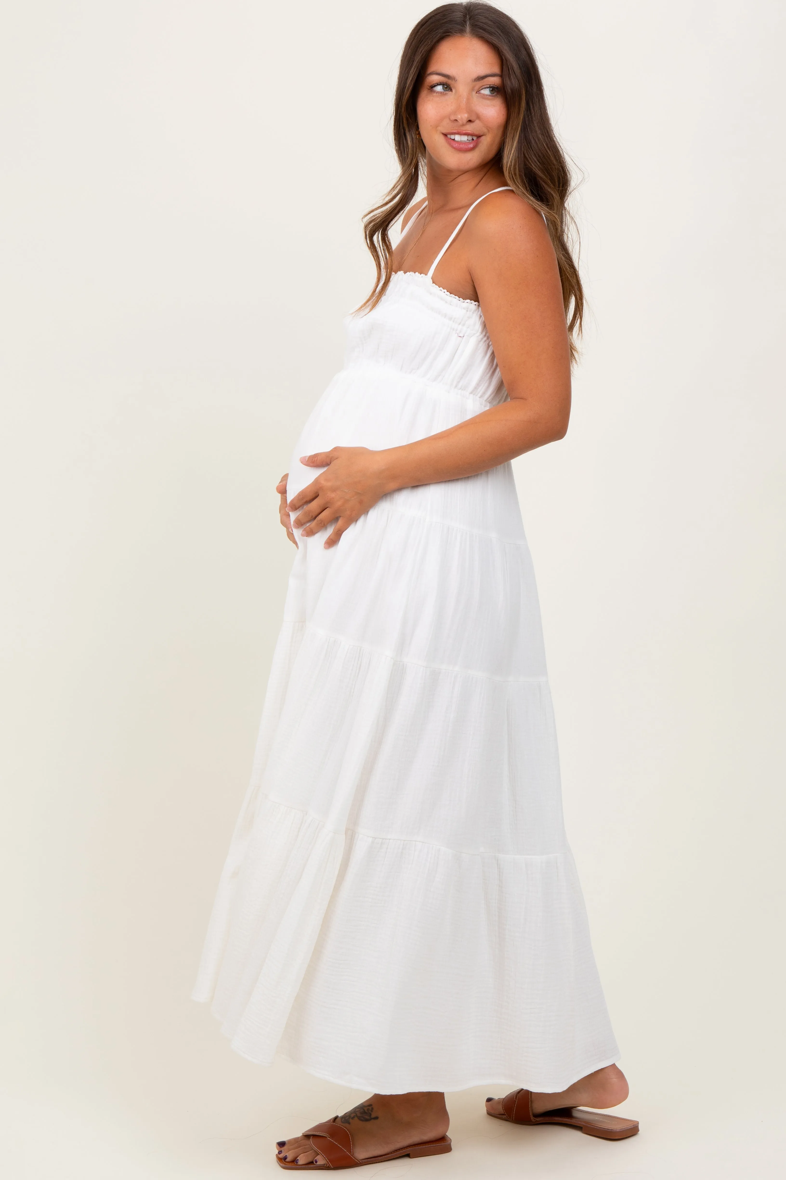 Ivory Crochet Trim Tiered Maternity Maxi Dress sold by Pinkblush product image thumbnail 2