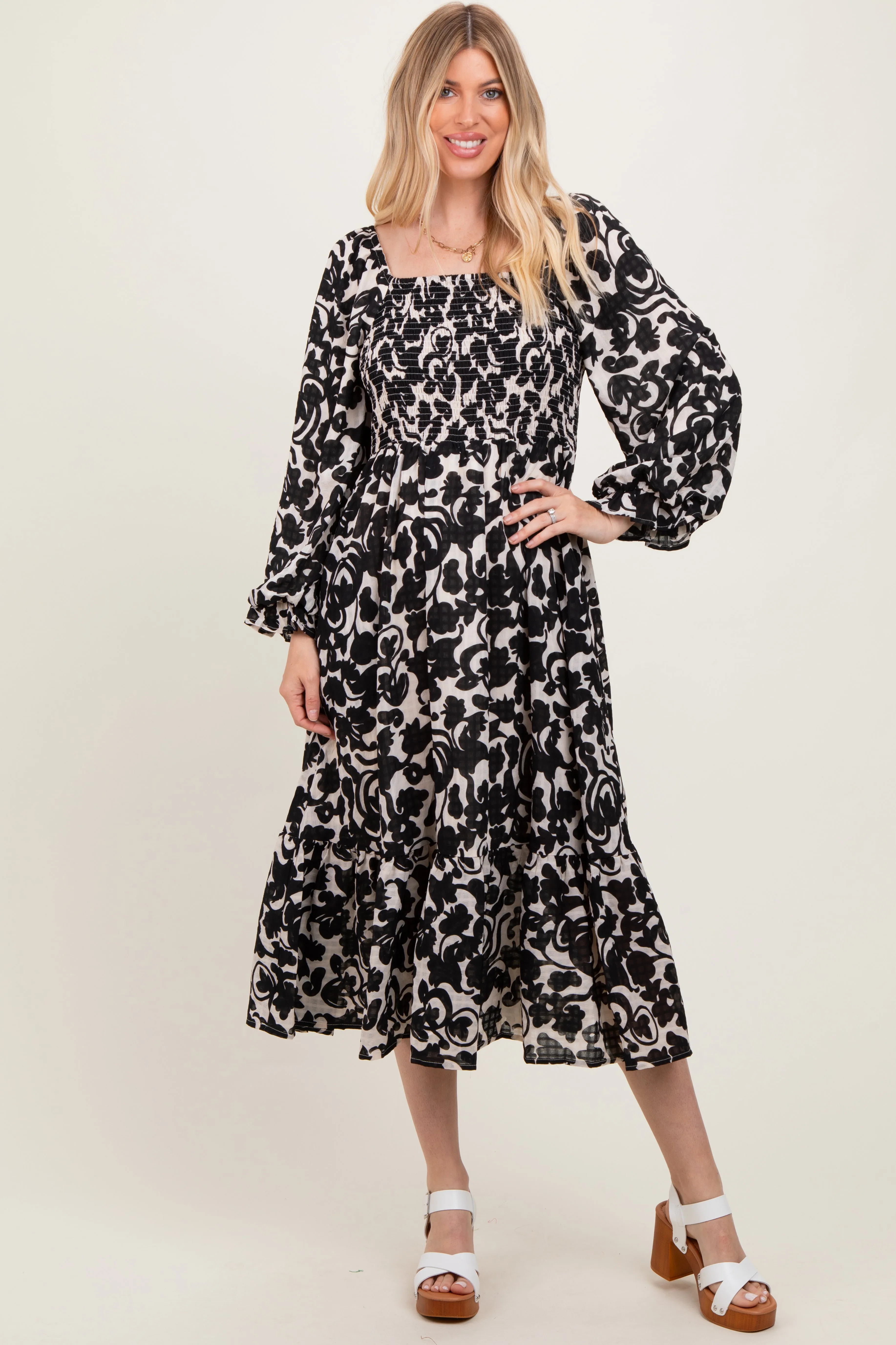 Black Floral Damask Print Smocked Midi Dress sold by Pinkblush