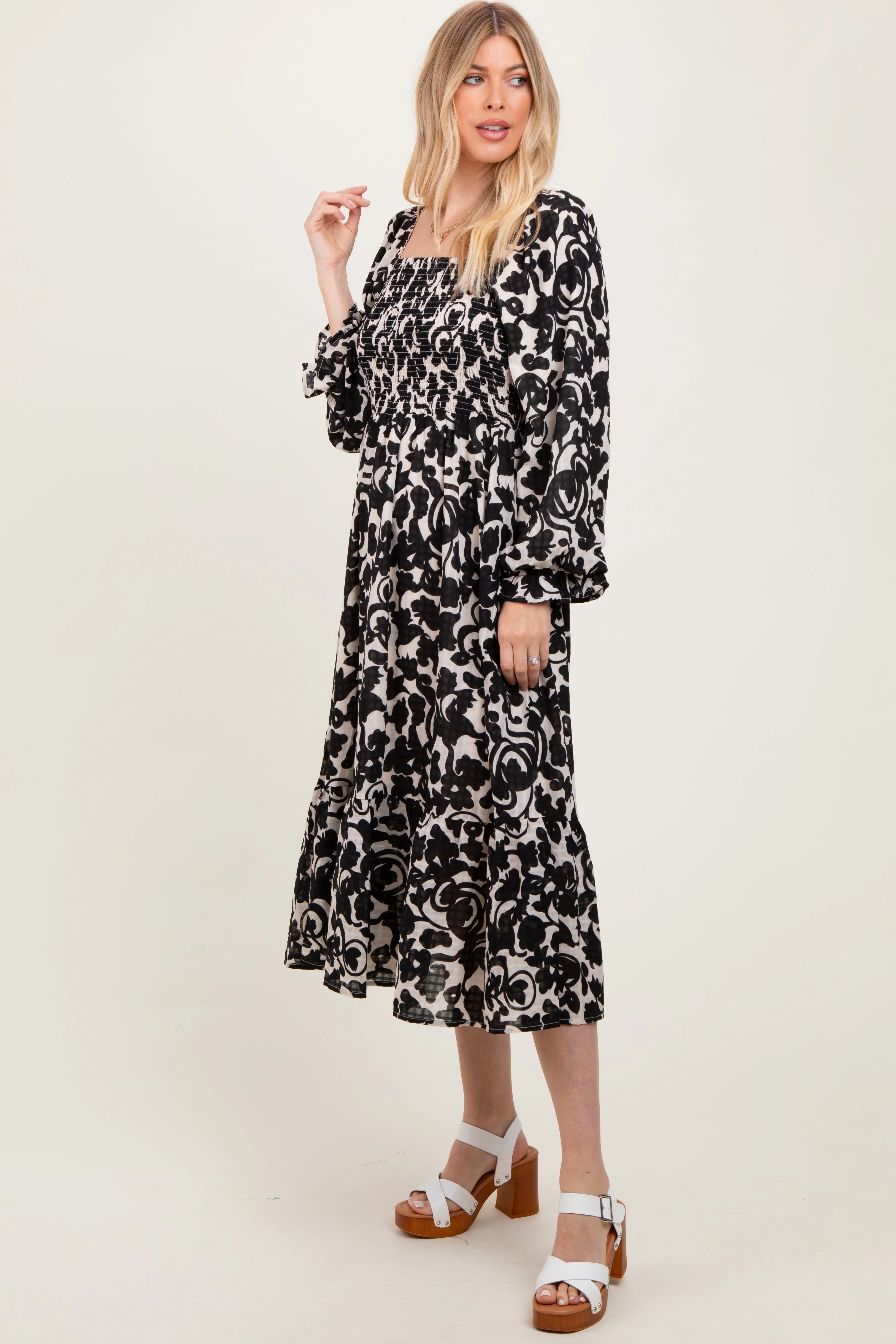 Black Floral Damask Print Smocked Midi Dress sold by Pinkblush product image thumbnail 2