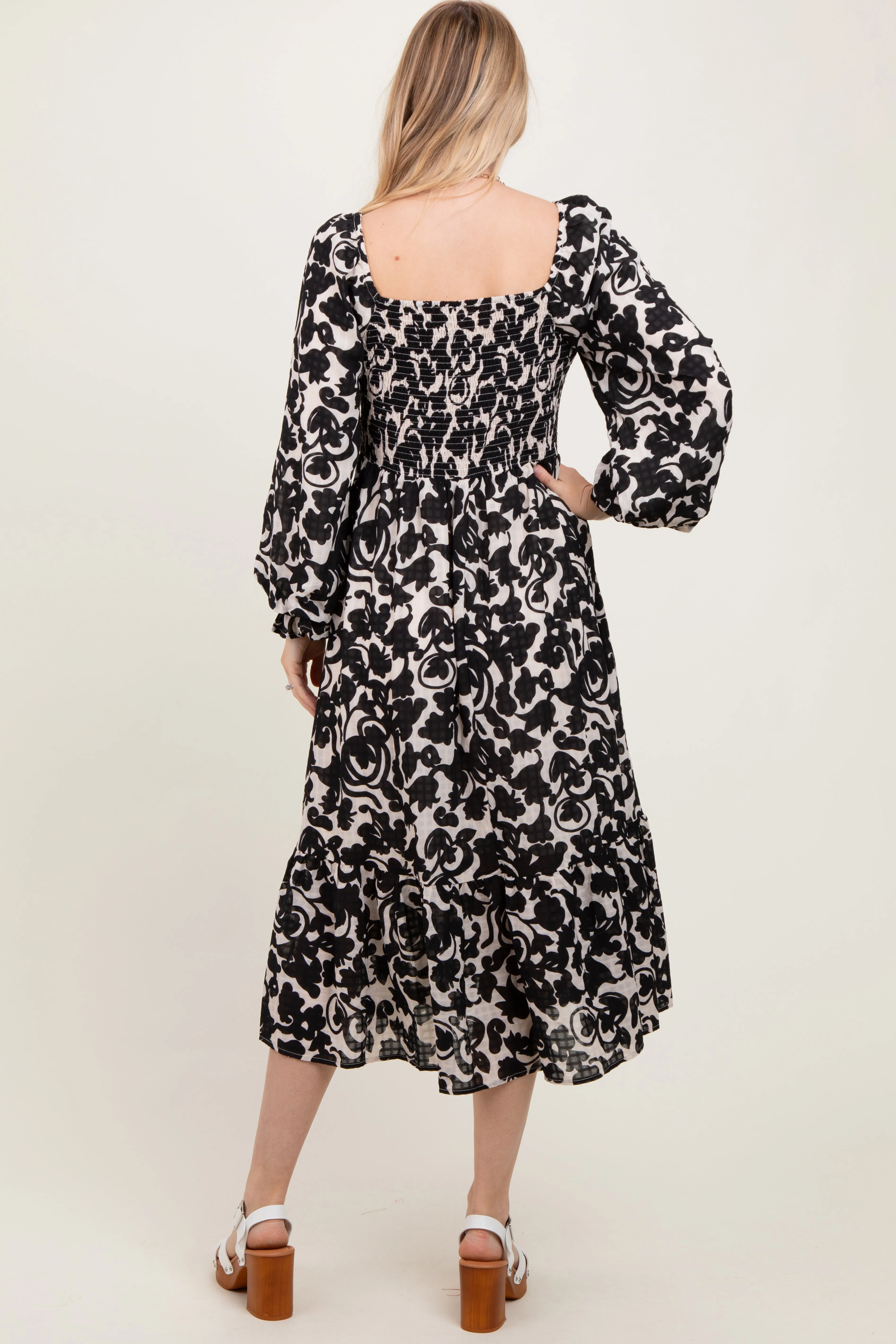 Black Floral Damask Print Smocked Midi Dress sold by Pinkblush product image thumbnail 3