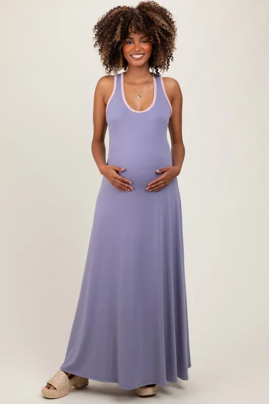 Lavender Solid Open Back Sleeveless Maternity Maxi Dress sold by Pinkblush