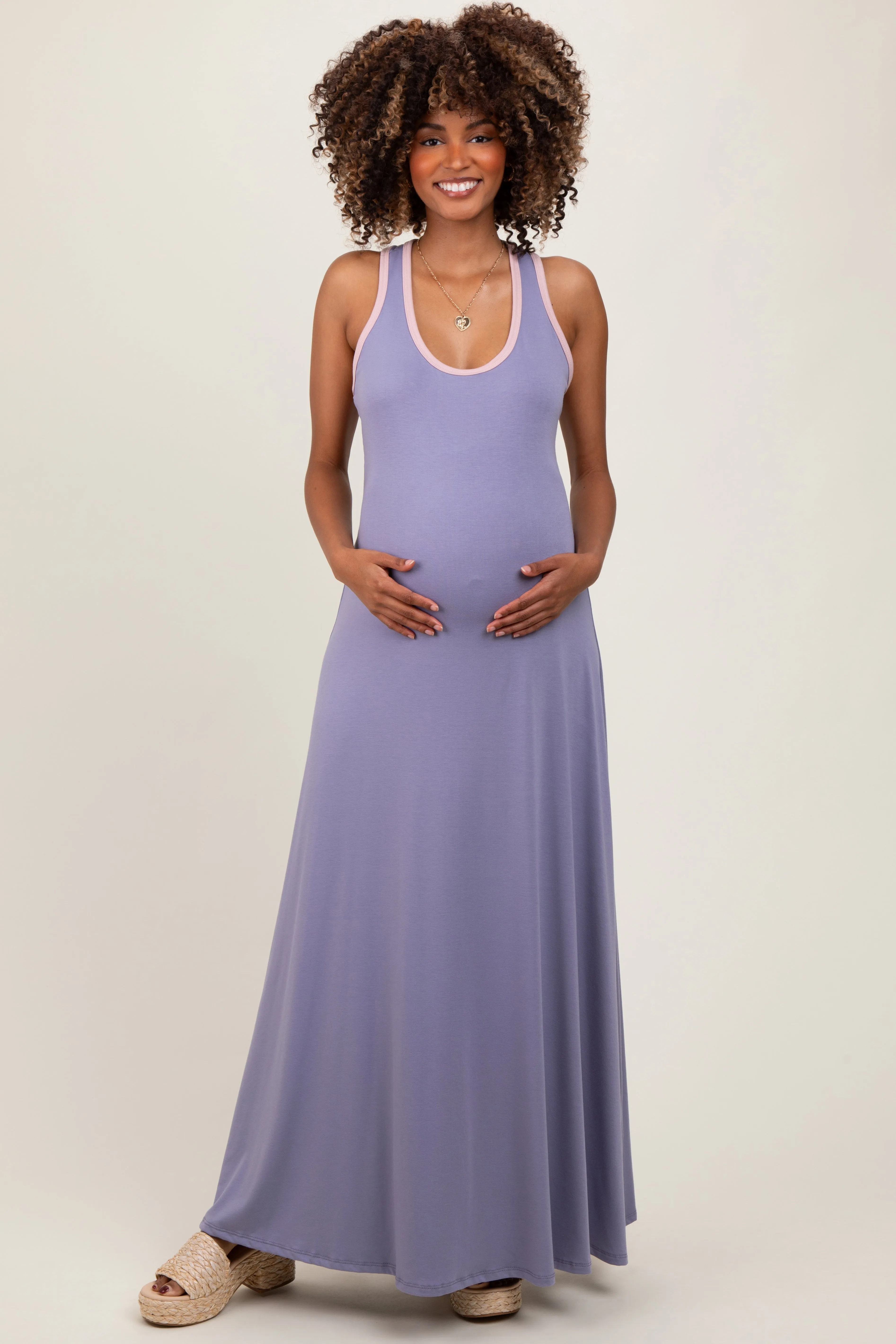 Lavender Solid Open Back Sleeveless Maternity Maxi Dress sold by Pinkblush