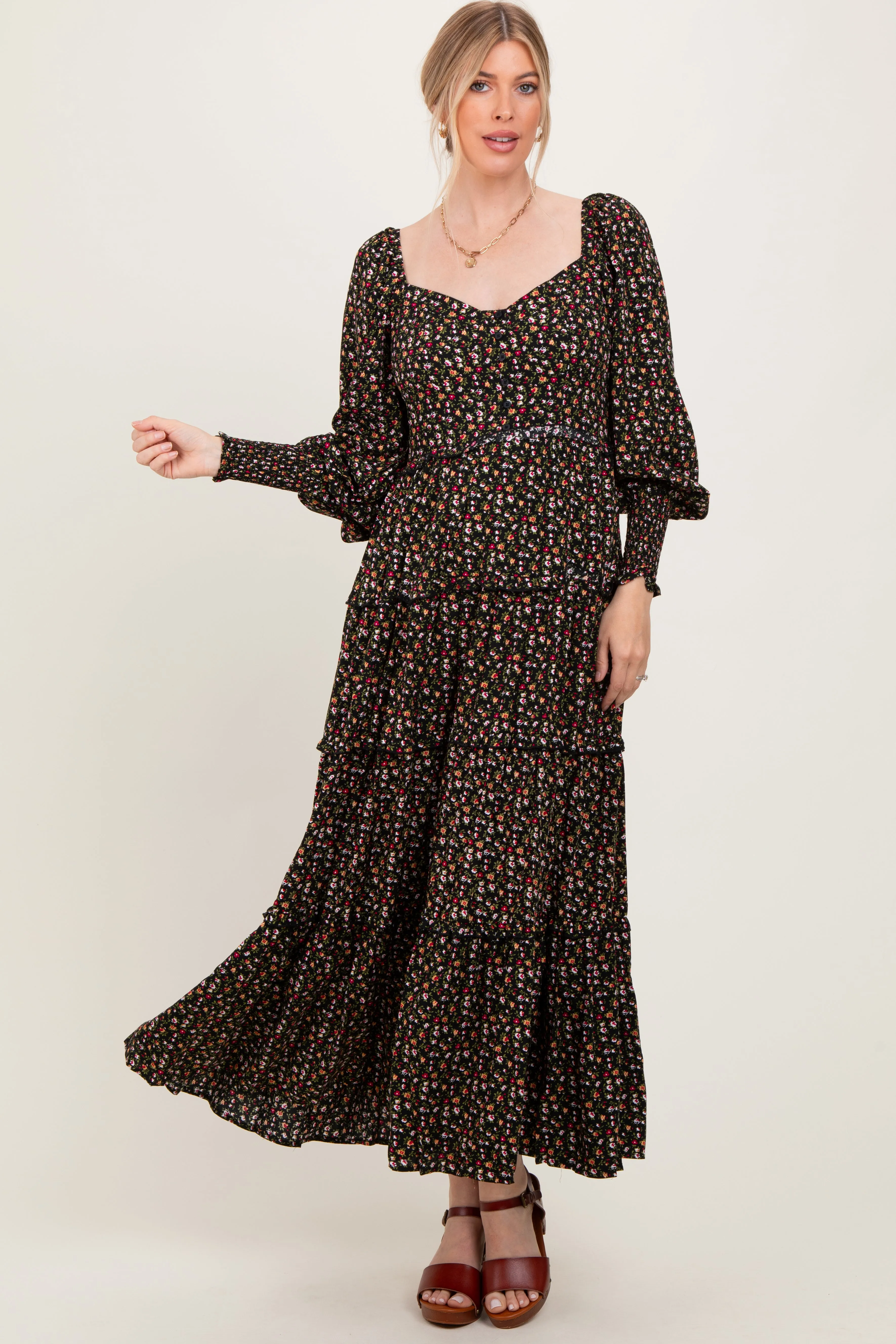 Black Floral Button Accent Bodice Tiered Maxi Dress sold by Pinkblush product image thumbnail 2