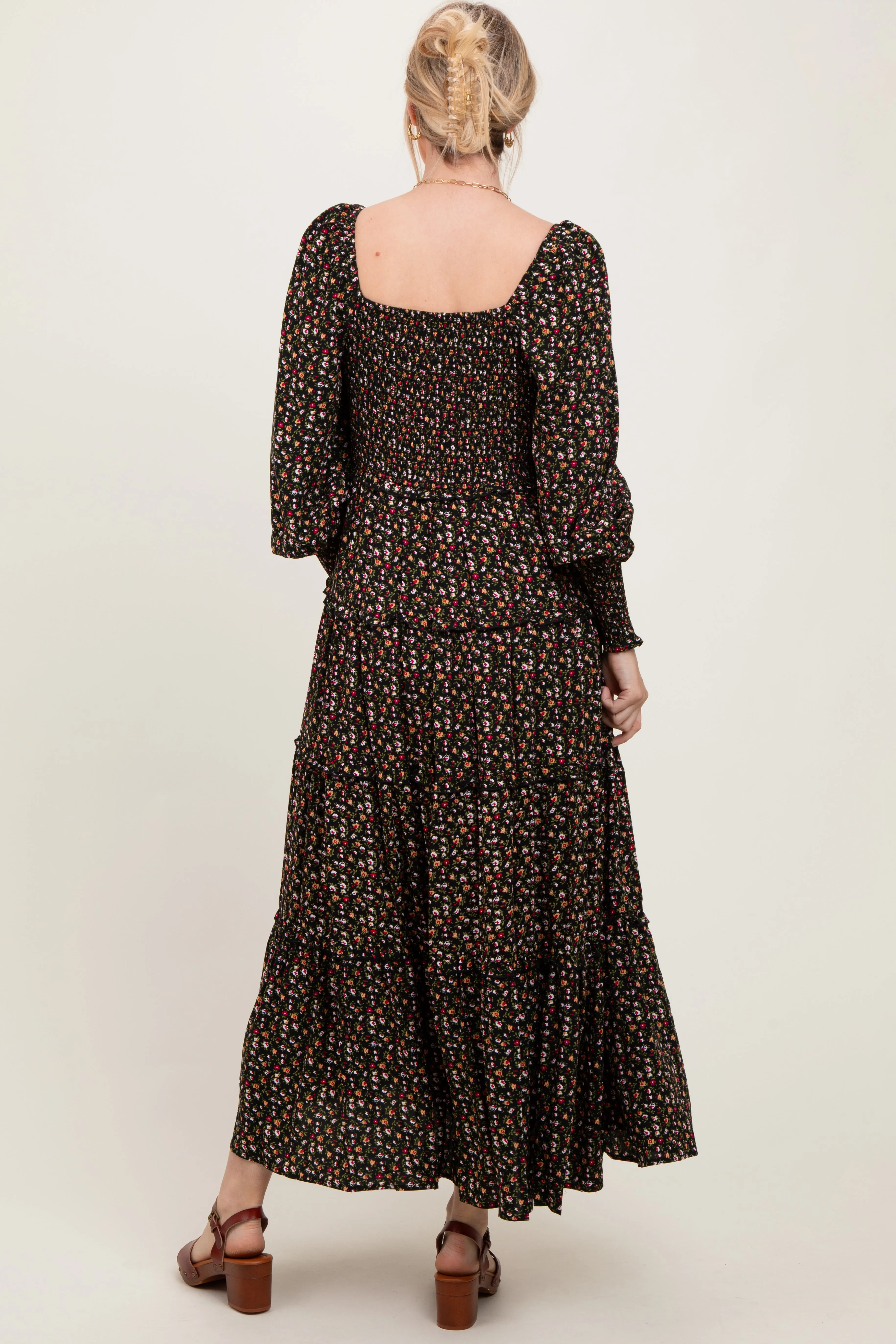 Black Floral Button Accent Bodice Tiered Maxi Dress sold by Pinkblush product image thumbnail 3