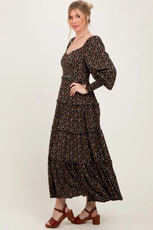 Black Floral Button Accent Bodice Tiered Maxi Dress sold by Pinkblush