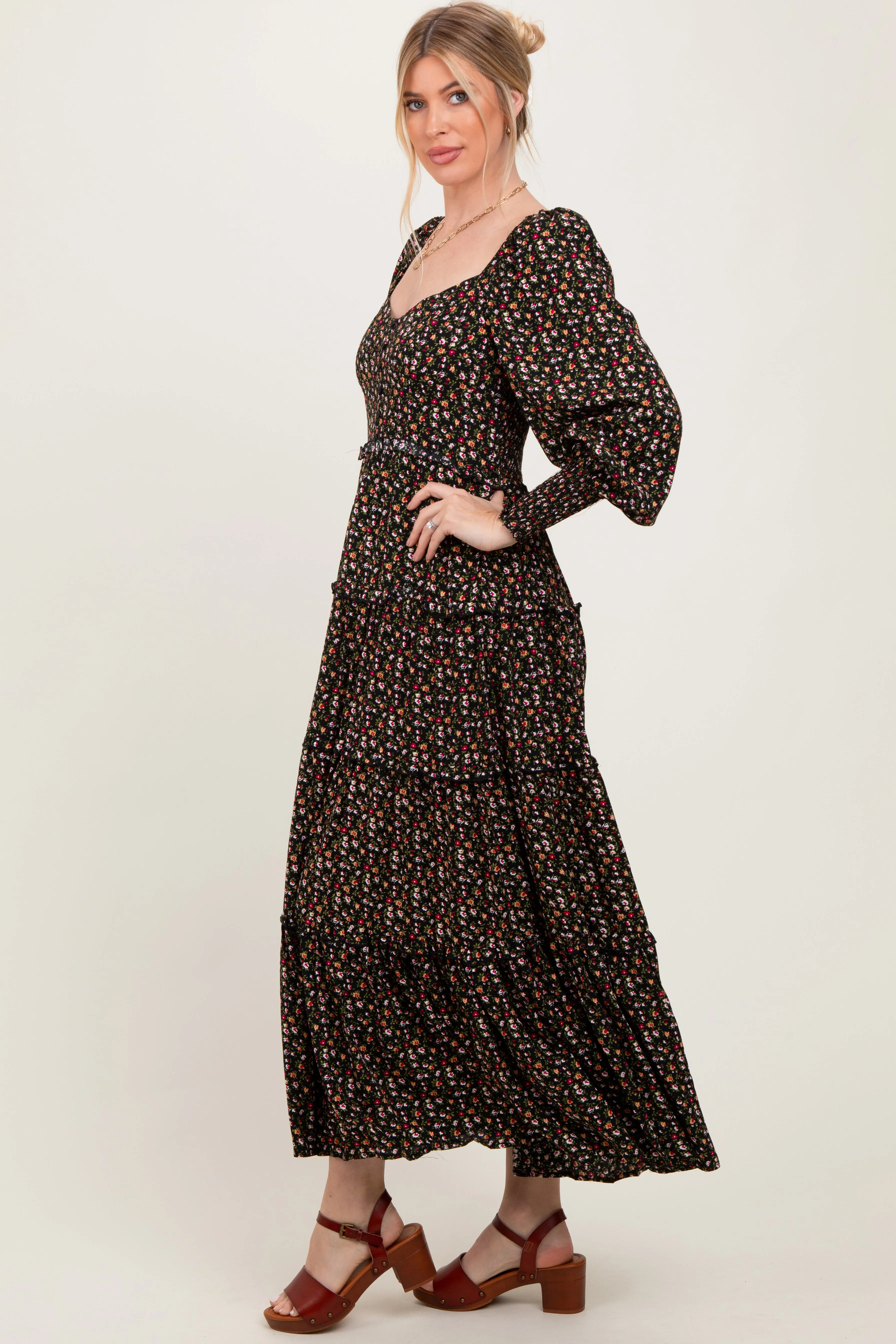 Black Floral Button Accent Bodice Tiered Maxi Dress sold by Pinkblush