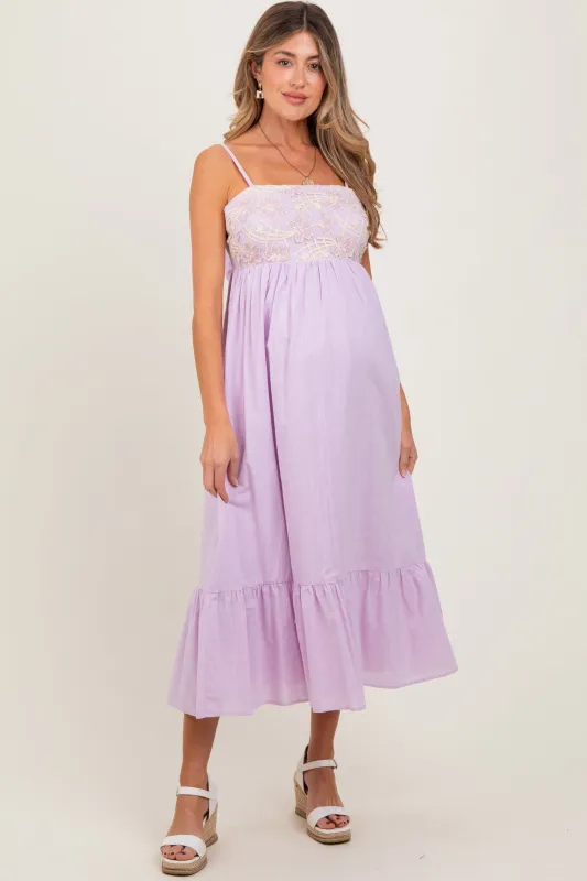 Lavender Floral Embroidery Back Ribbon Maternity Midi Dress sold by Pinkblush