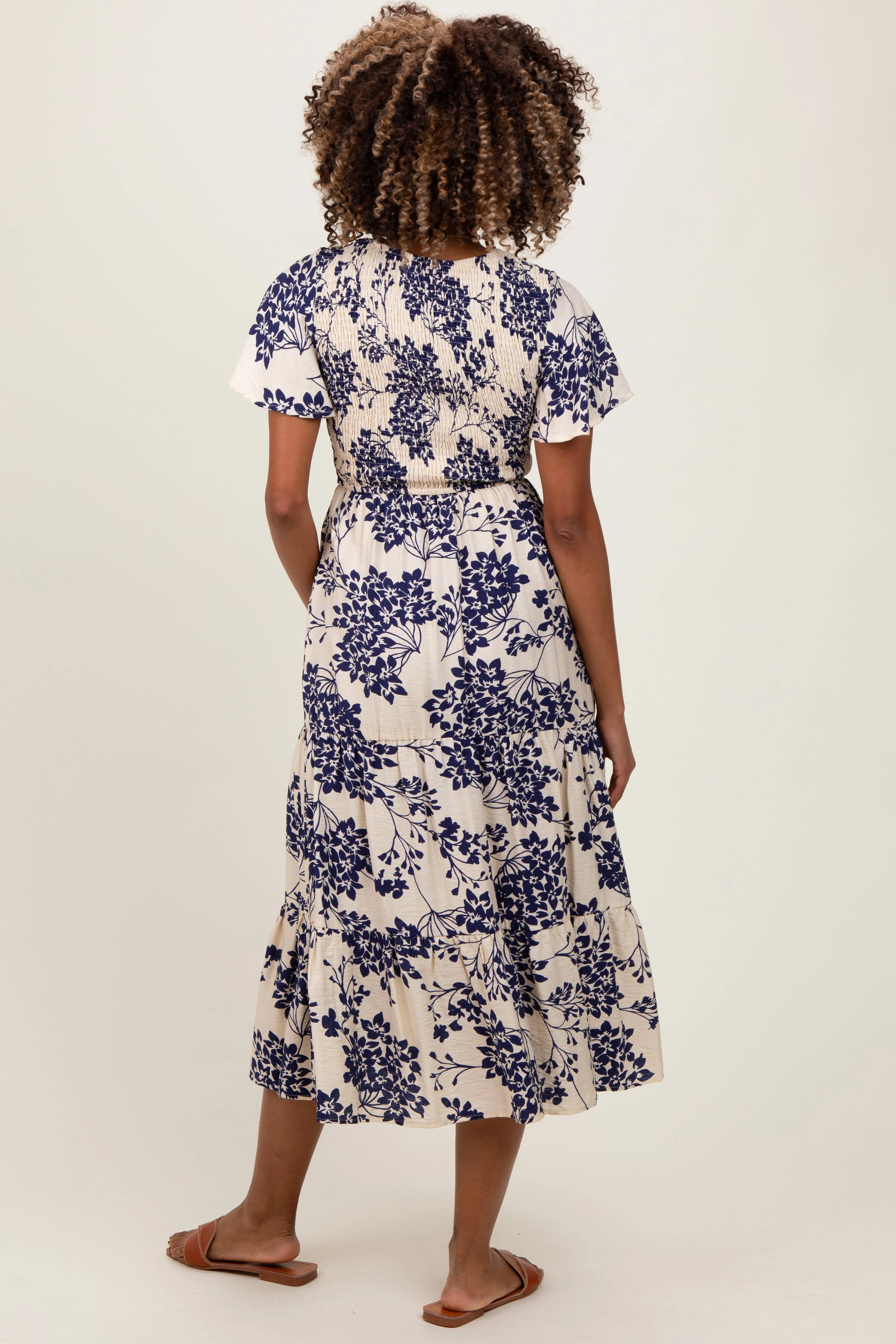 Navy Floral Smocked Ruffle Hem Maternity Midi Dress sold by Pinkblush product image thumbnail 4