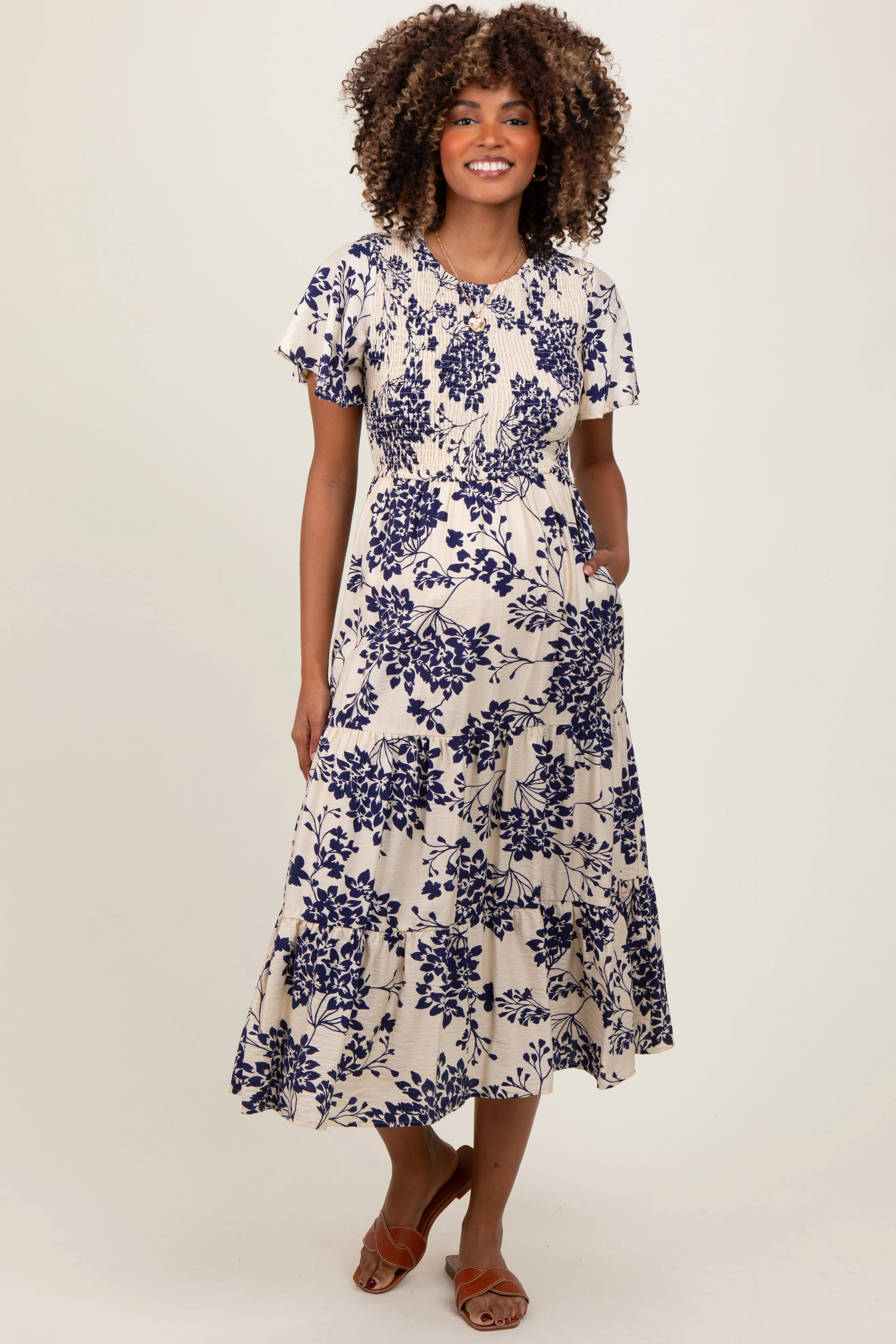 Navy Floral Smocked Ruffle Hem Maternity Midi Dress sold by Pinkblush