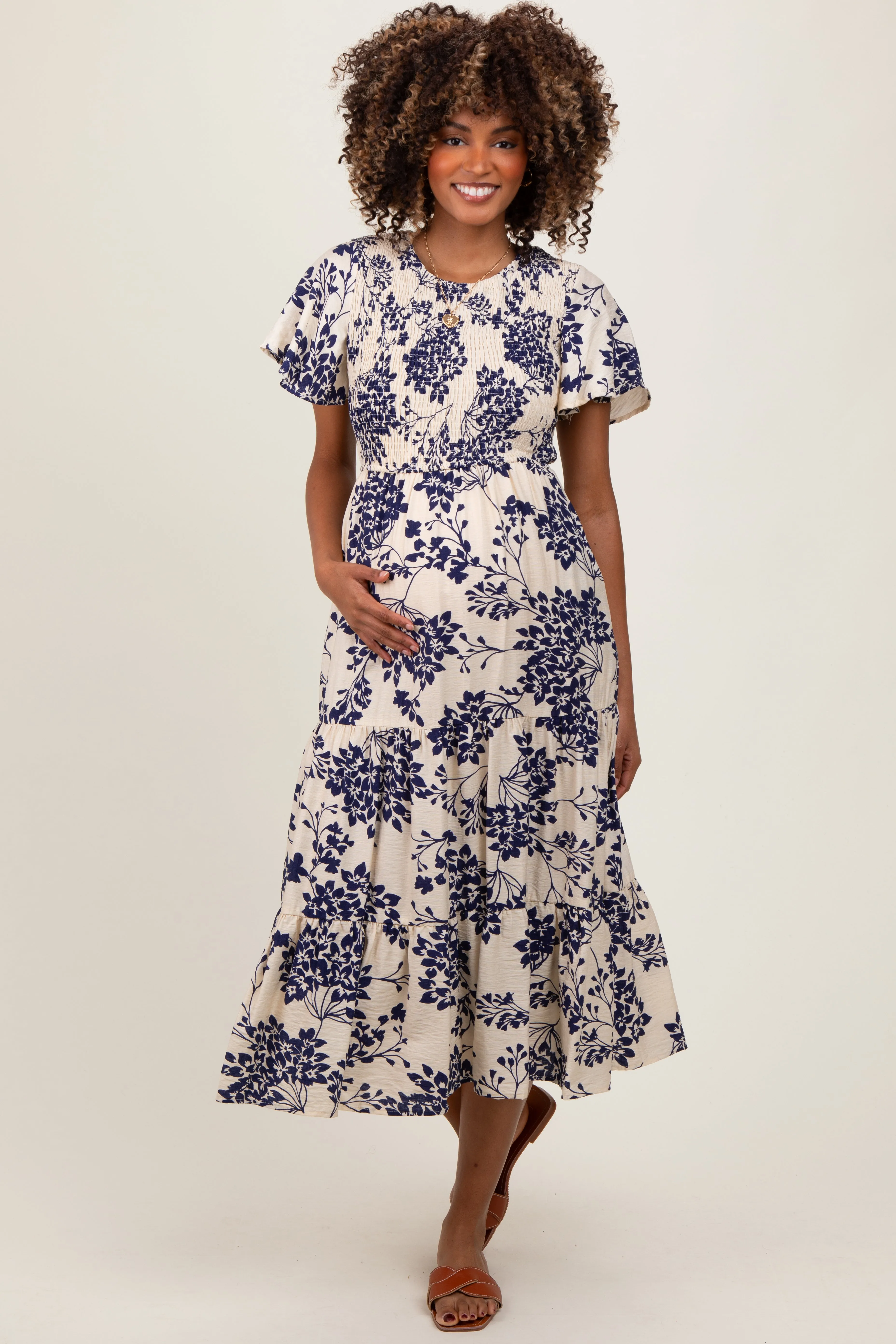 Navy Floral Smocked Ruffle Hem Maternity Midi Dress sold by Pinkblush product image thumbnail 2