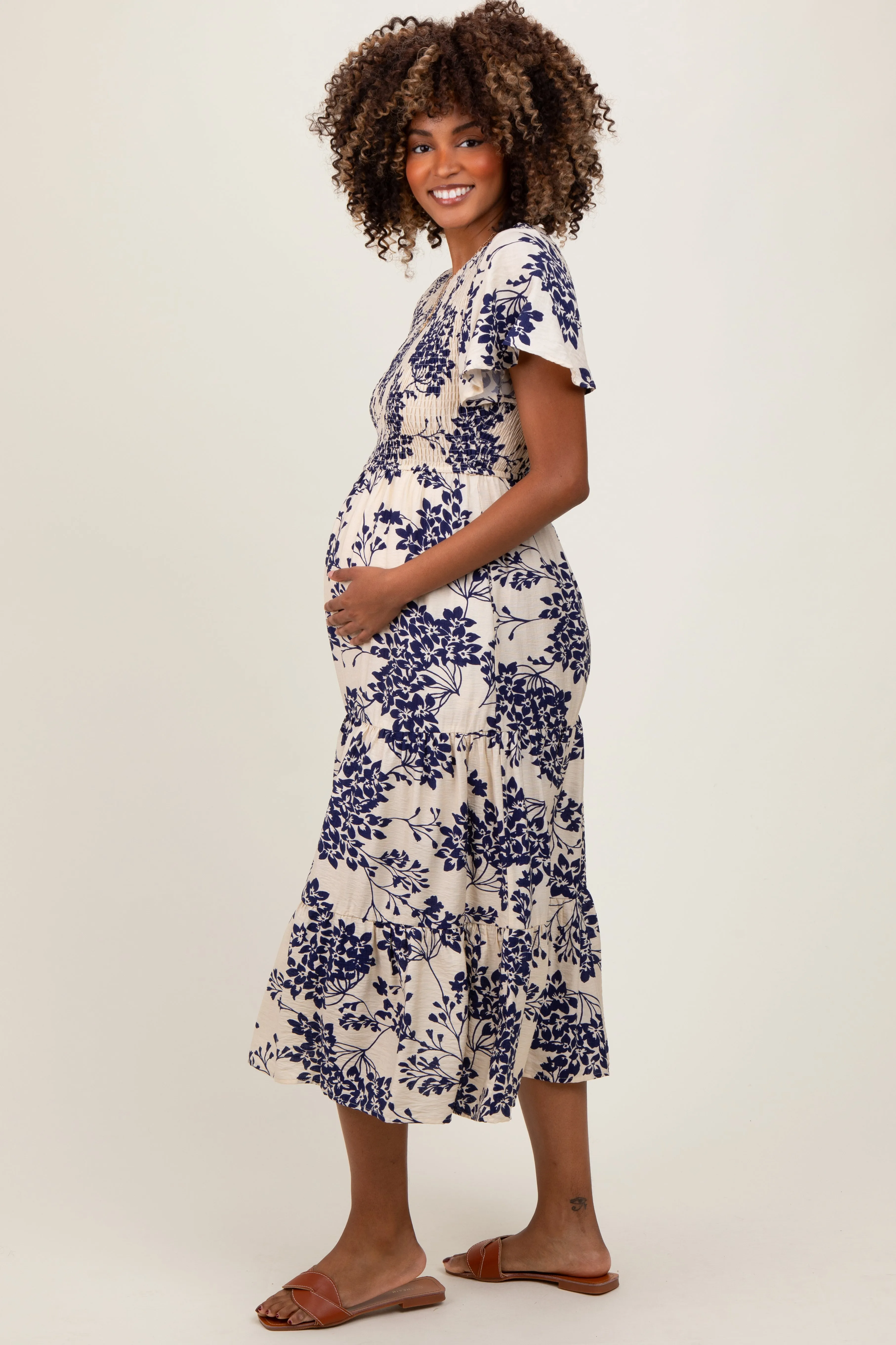 Navy Floral Smocked Ruffle Hem Maternity Midi Dress sold by Pinkblush product image thumbnail 3