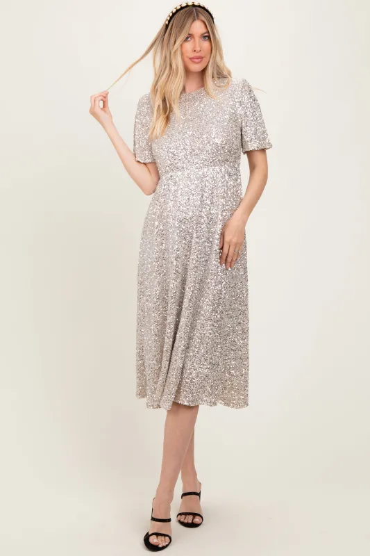 Gold Sequin Short Sleeve Midi Dress sold by Pinkblush