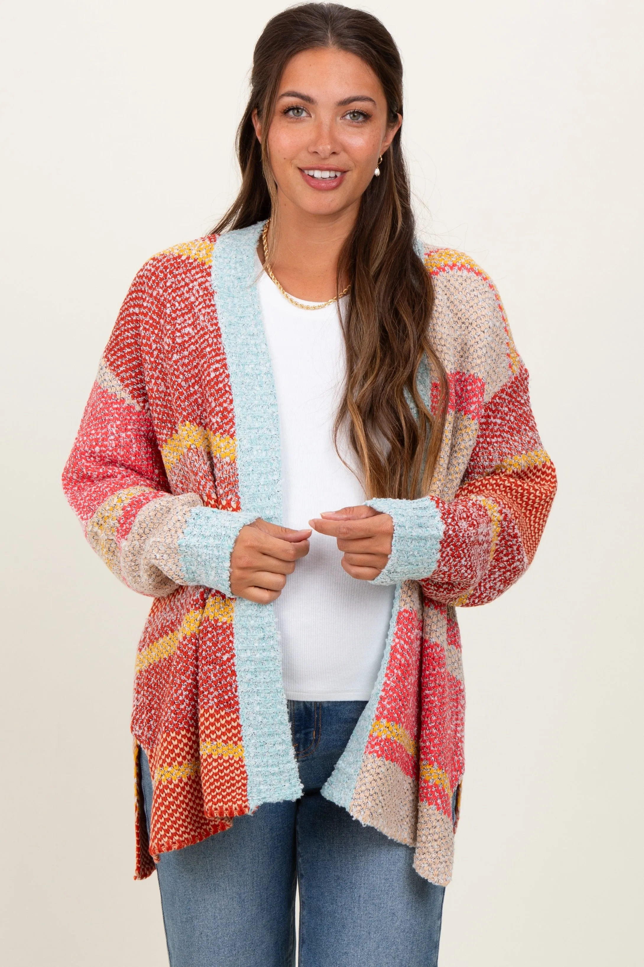 Orange Colorblock Stripe Oversized Open Maternity Cardigan sold by Pinkblush