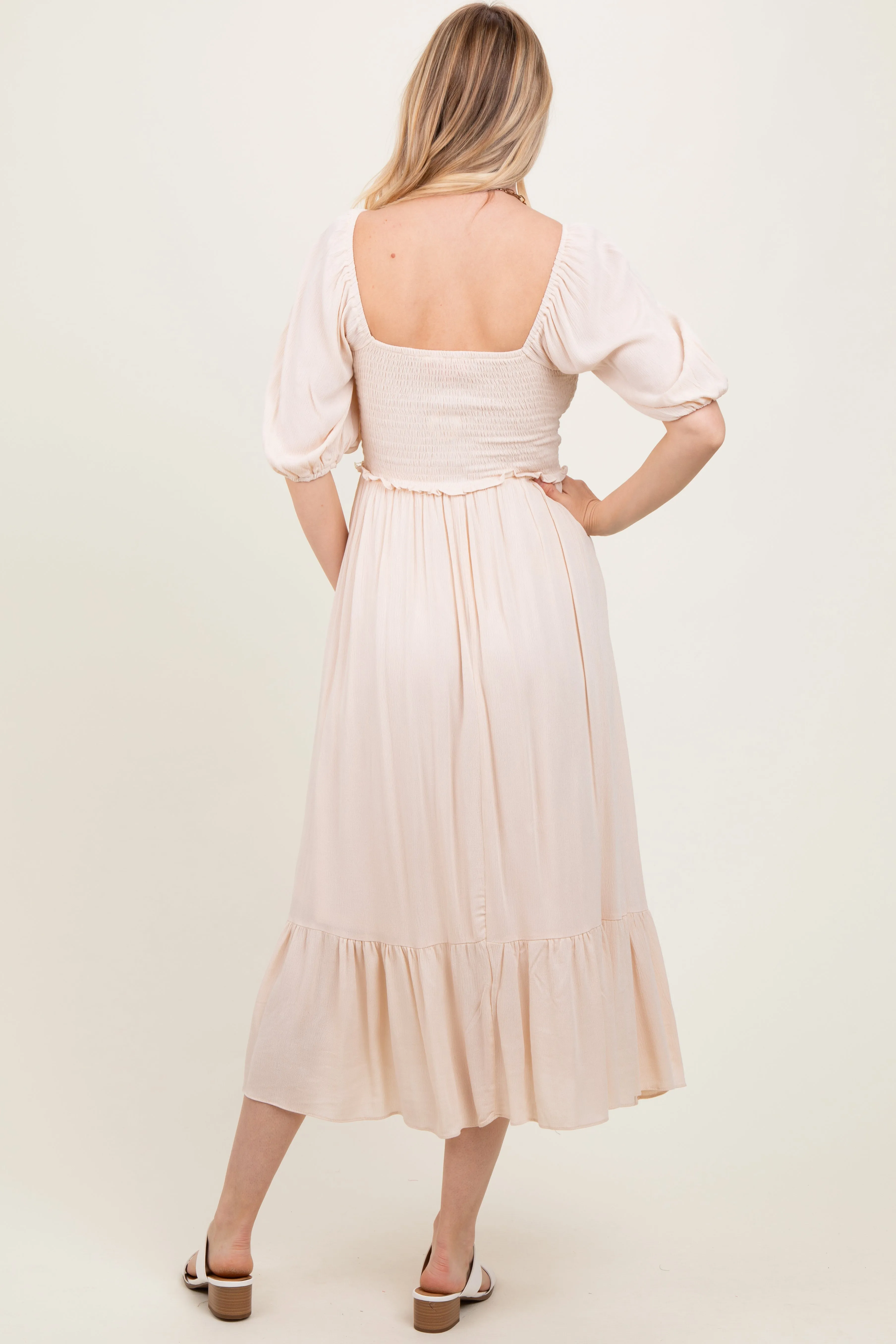 Taupe Smocked Cinched Front Maxi Dress sold by Pinkblush product image thumbnail 4