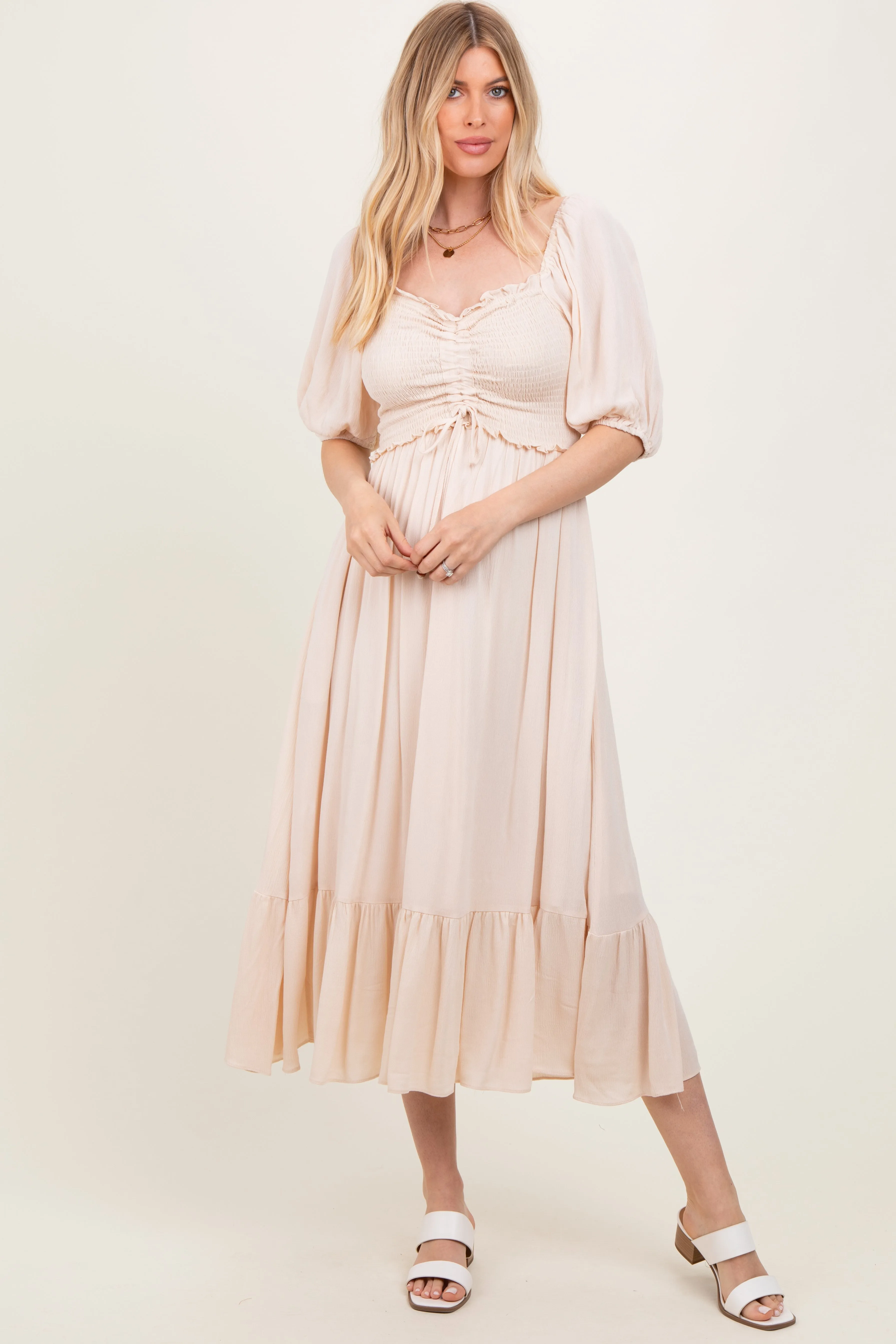 Taupe Smocked Cinched Front Maxi Dress sold by Pinkblush