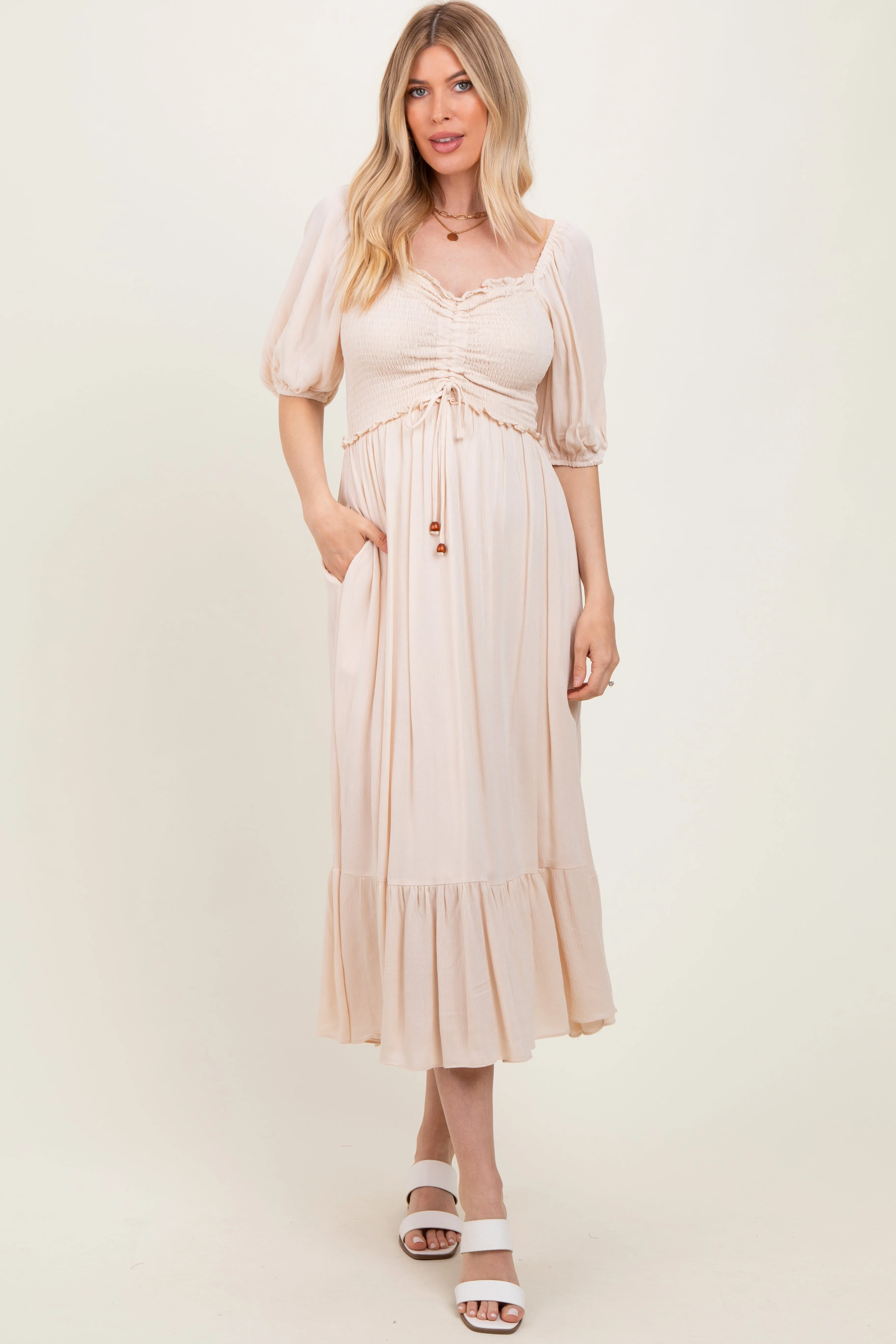 Taupe Smocked Cinched Front Maxi Dress sold by Pinkblush product image thumbnail 2