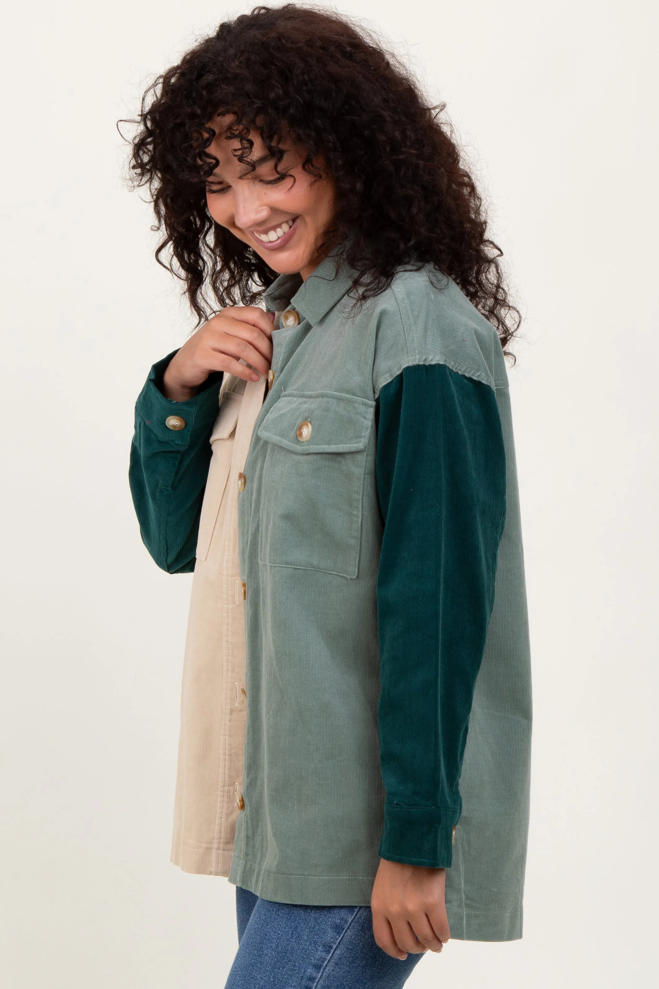 Light Olive Corduroy Colorblock Oversized Shirt Jacket sold by Pinkblush product image thumbnail 3