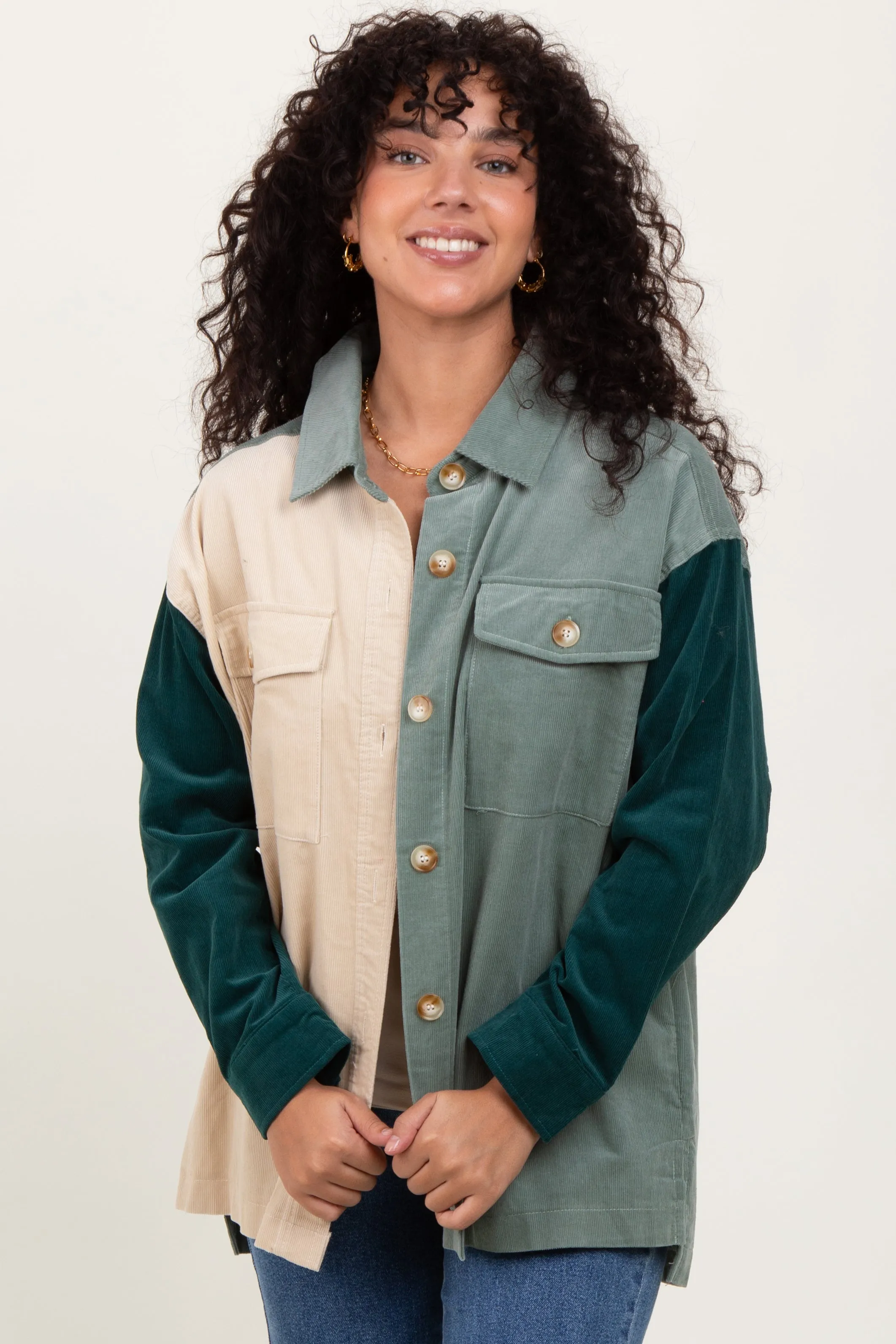 Light Olive Corduroy Colorblock Oversized Shirt Jacket sold by Pinkblush product image thumbnail 2