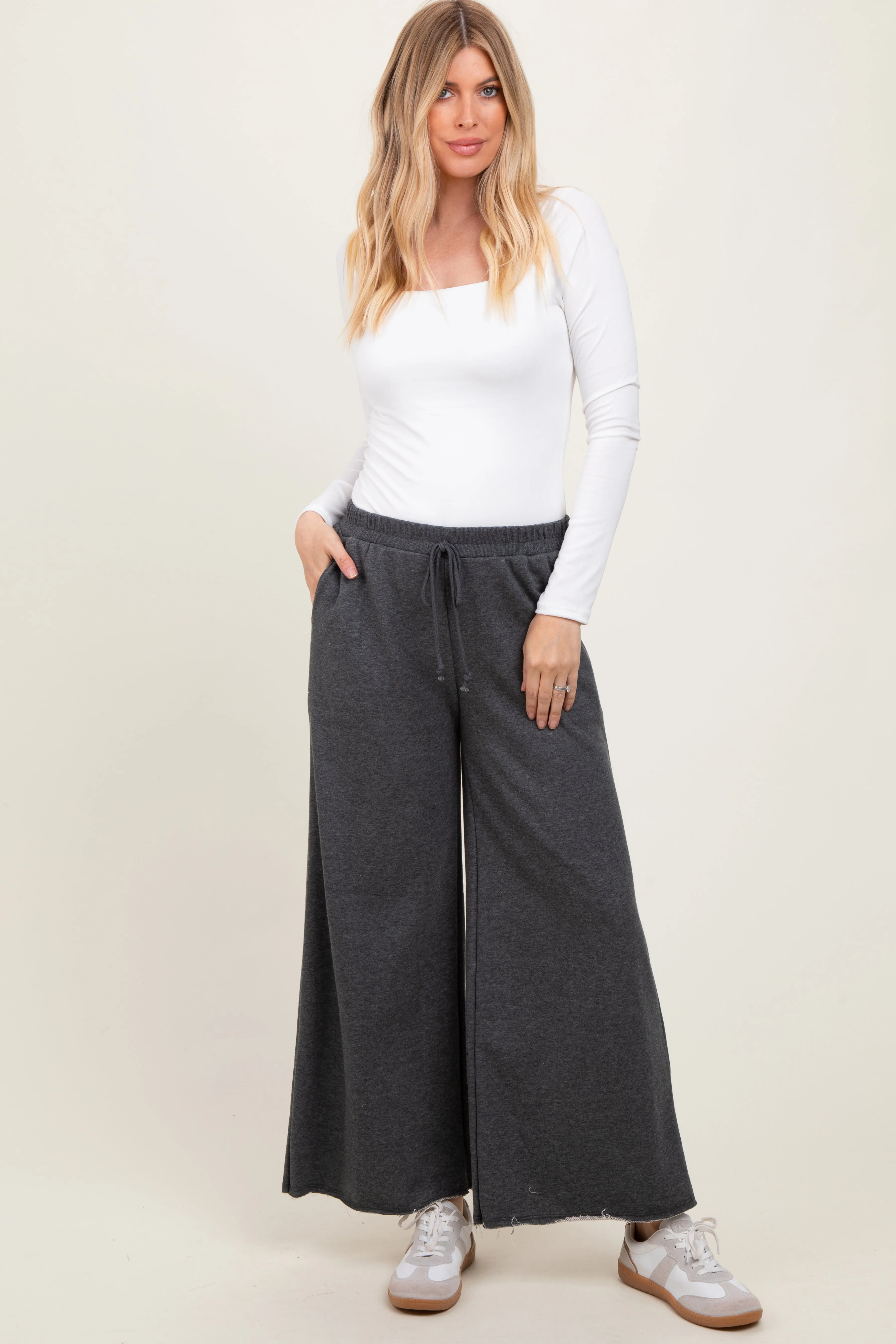 Charcoal French Terry Raw Edge Wide Leg Pants sold by Pinkblush