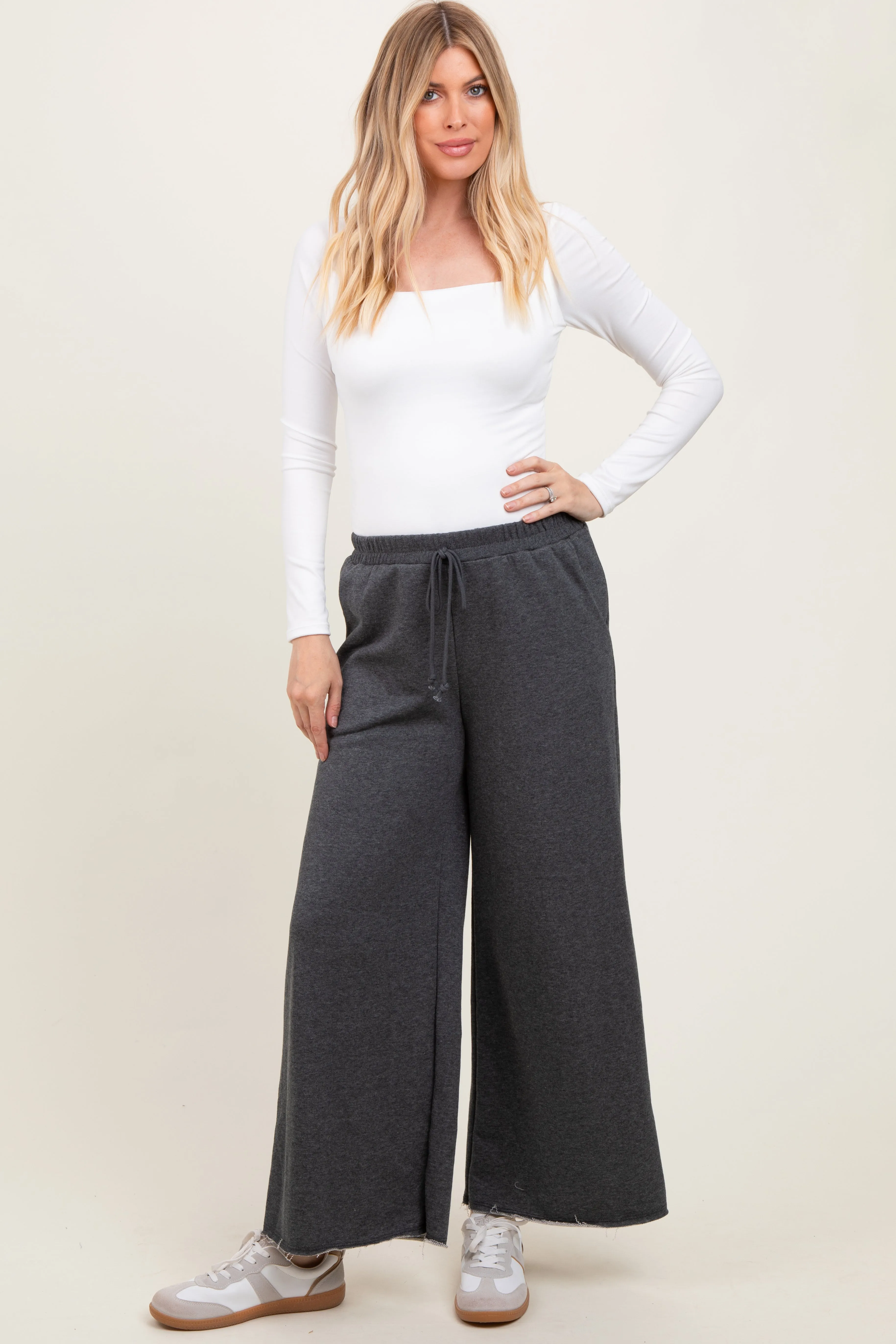 Charcoal French Terry Raw Edge Wide Leg Pants sold by Pinkblush product image thumbnail 2