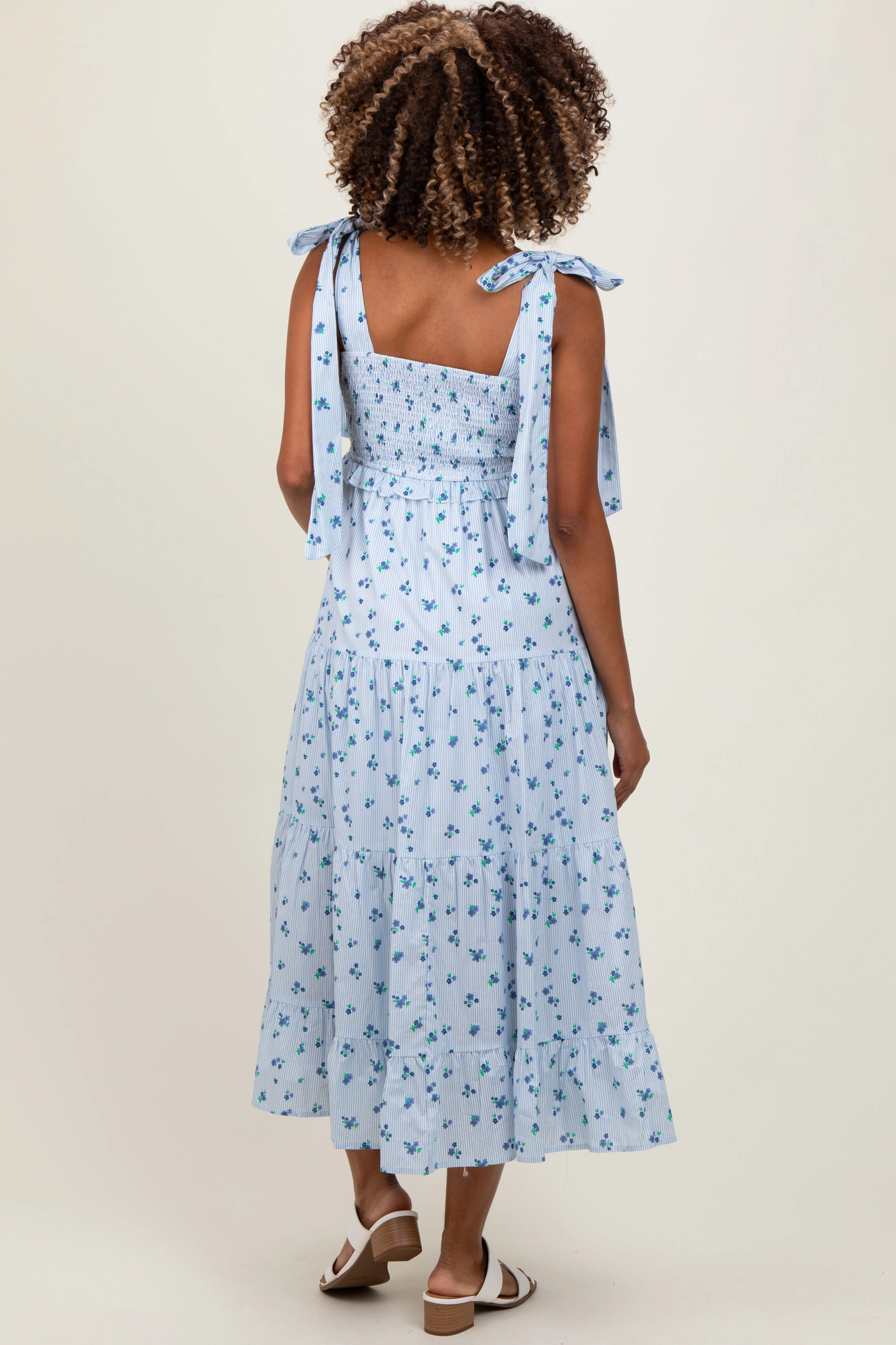 Light Blue Floral Striped Smocked Shoulder Tie Maternity Maxi Dress sold by Pinkblush product image thumbnail 3