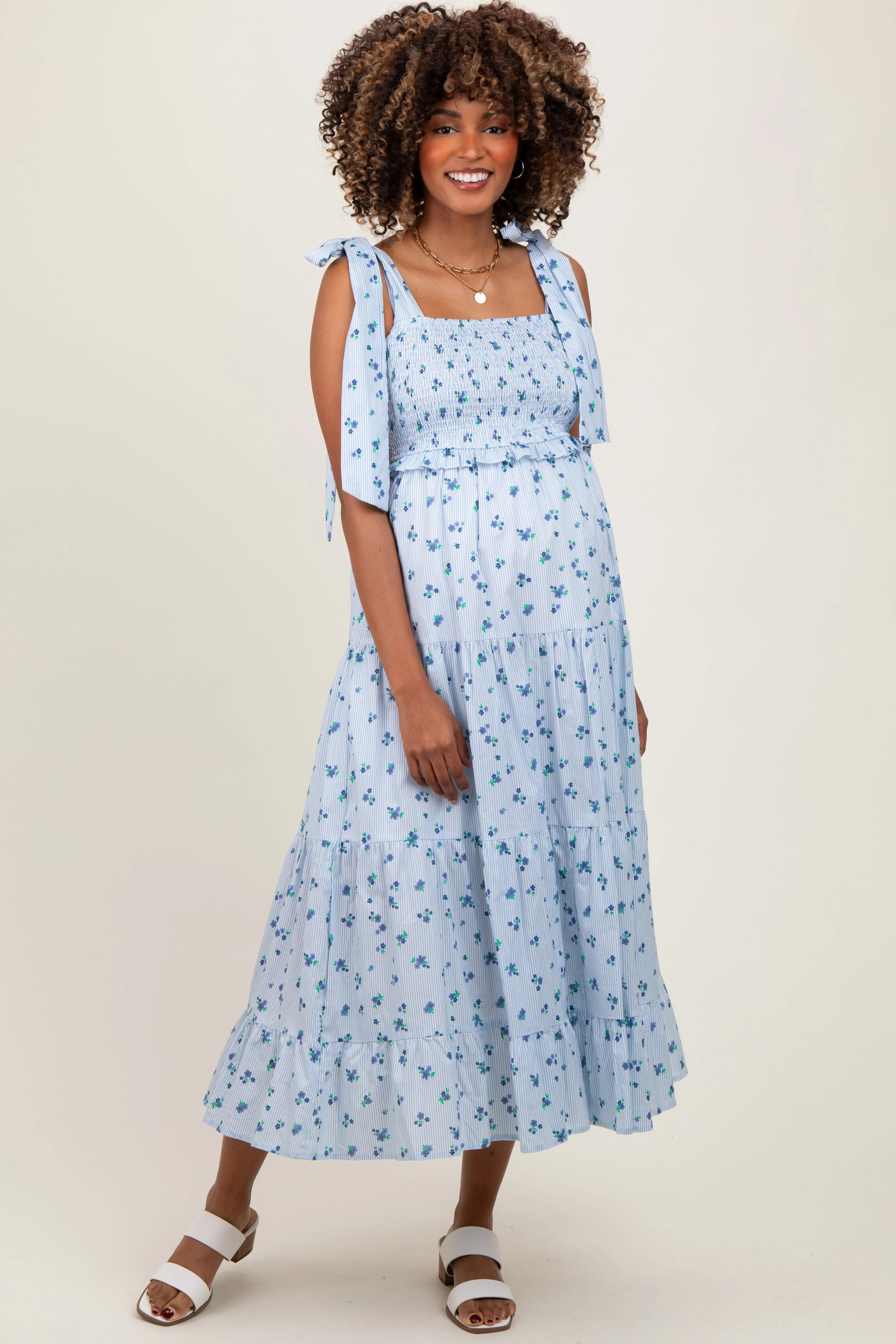 Light Blue Floral Striped Smocked Shoulder Tie Maternity Maxi Dress sold by Pinkblush