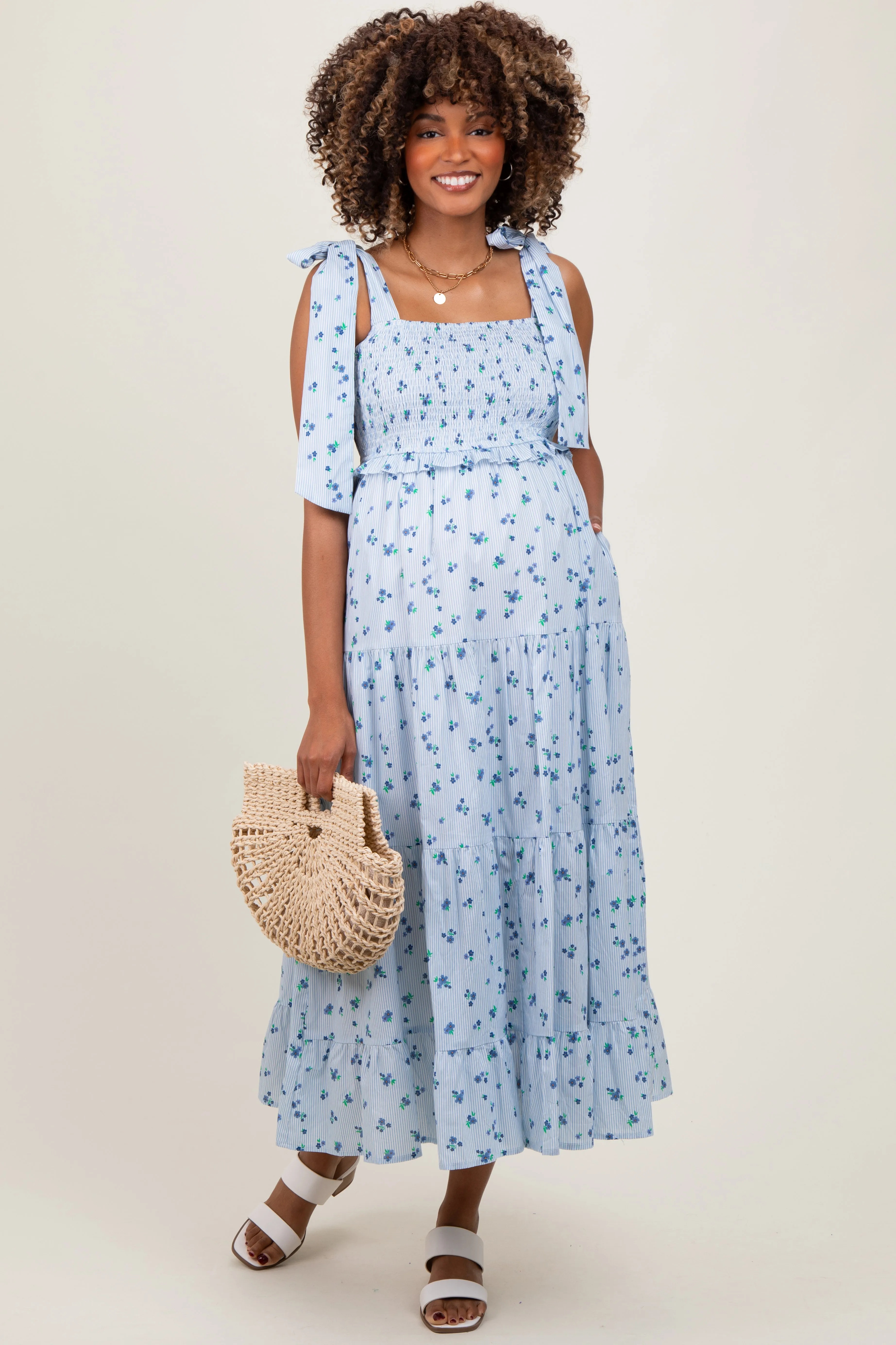 Light Blue Floral Striped Smocked Shoulder Tie Maternity Maxi Dress sold by Pinkblush product image thumbnail 2