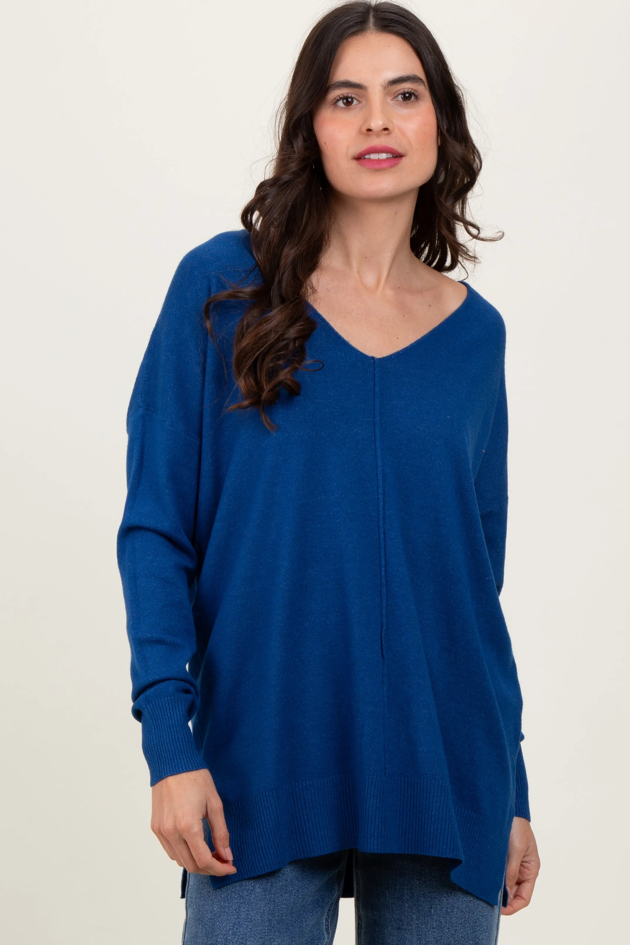 Navy Front Seam V-Neck Side Slit Maternity Sweater sold by Pinkblush product image thumbnail 3