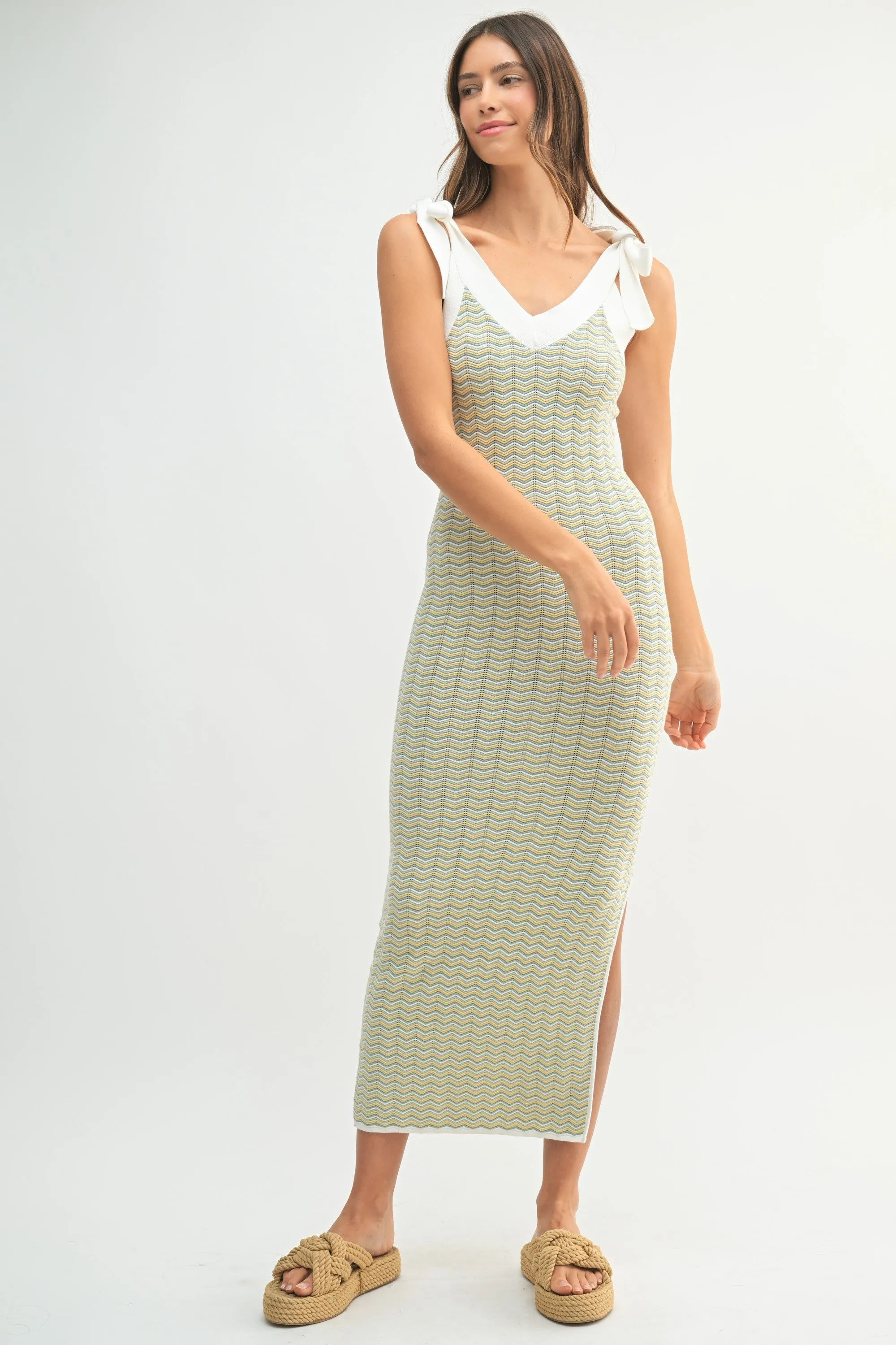 Light Olive Chevron Knit Shoulder Tie Midi Dress sold by Pinkblush product image thumbnail 2