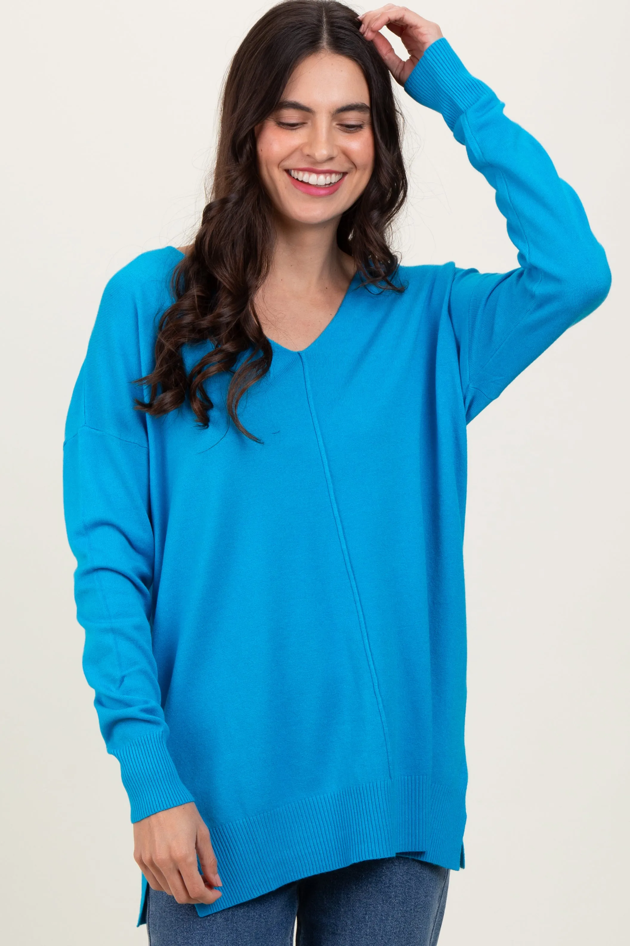 Aqua Front Seam V-Neck Side Slit Maternity Sweater sold by Pinkblush product image thumbnail 4