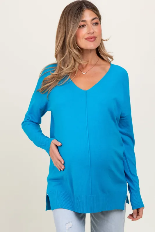 Aqua Front Seam V-Neck Side Slit Maternity Sweater sold by Pinkblush